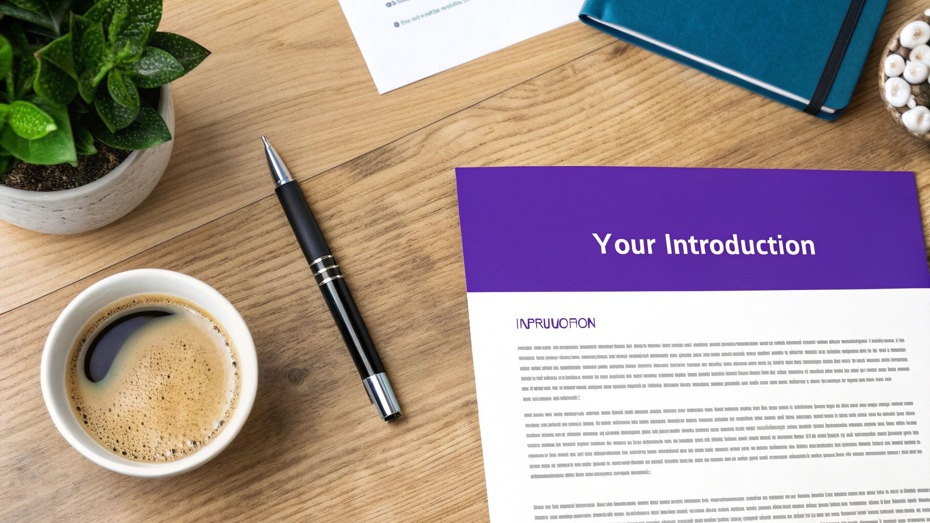 Professional desk setup with coffee, pen, and introduction document for cover letter writing
