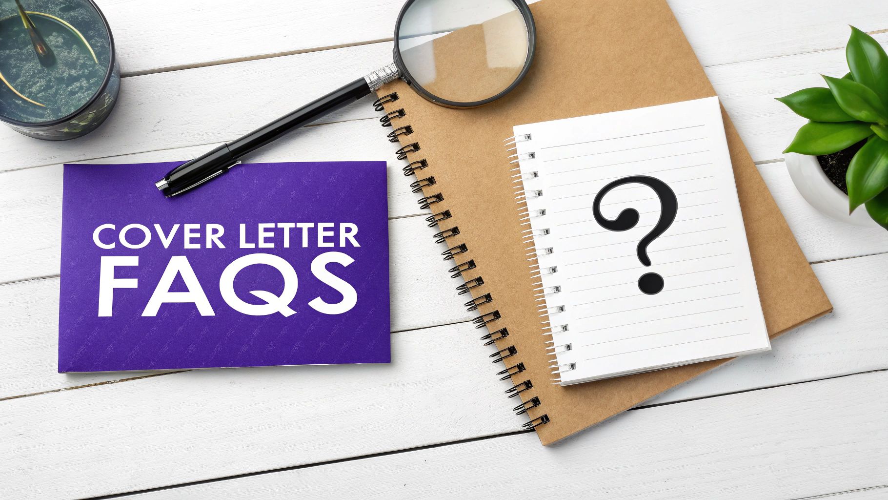 Cover letter FAQs text on purple card with notebooks, magnifying glass, and question mark on desk