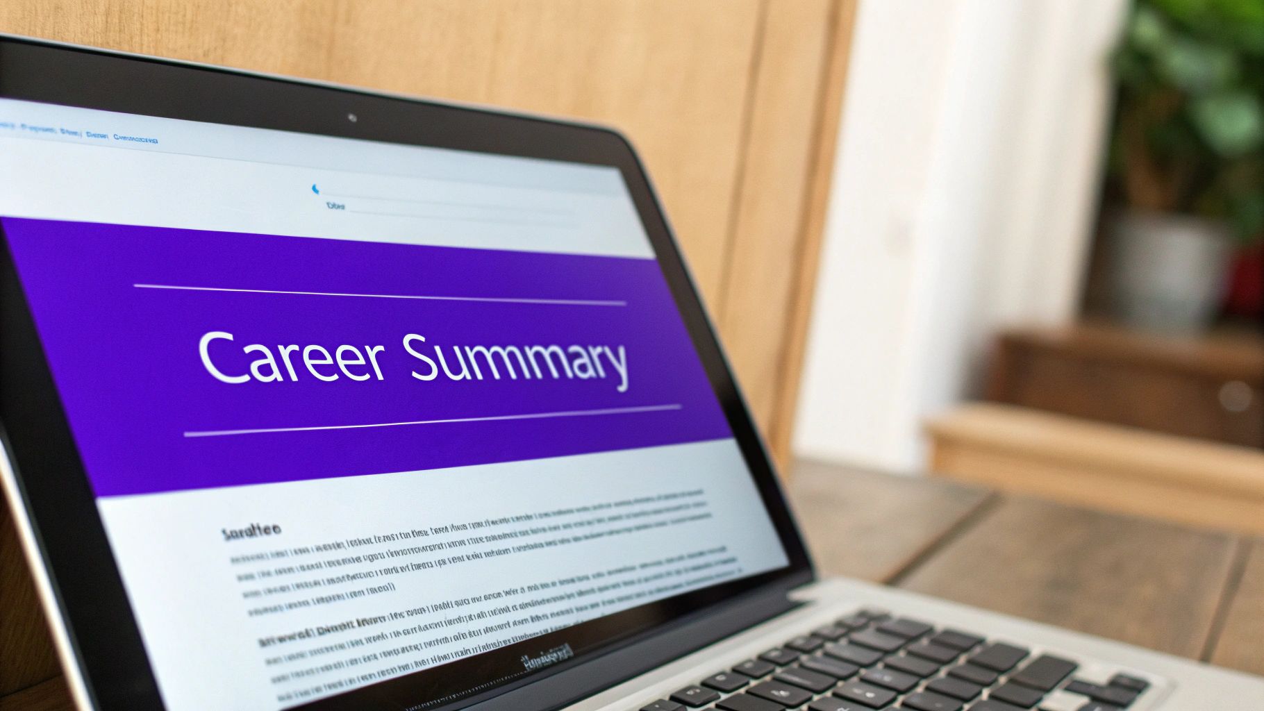 A laptop screen displaying a document titled "Career Summary" on a purple banner, likely a resume.