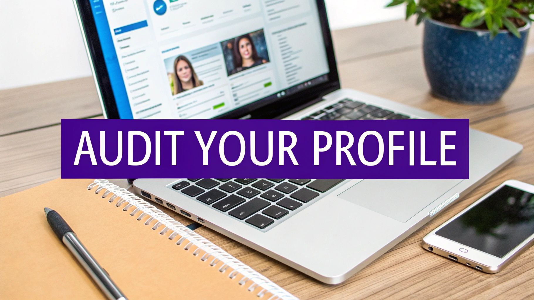 Laptop displaying professional profiles on desk with notebook, pen, phone and plant for personal branding audit