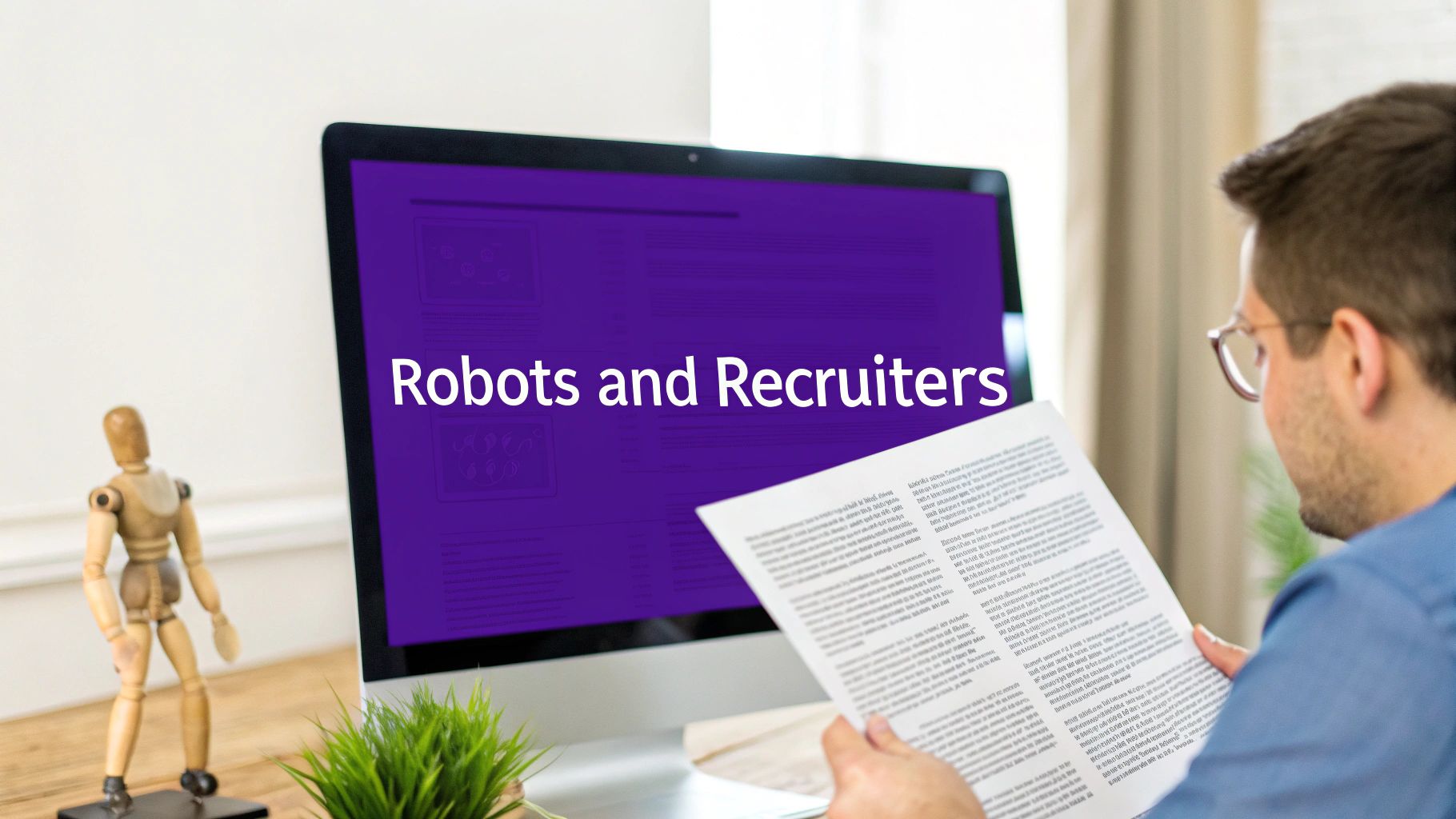 A man reads a document in front of a computer displaying 'Robots and Recruiters' text.