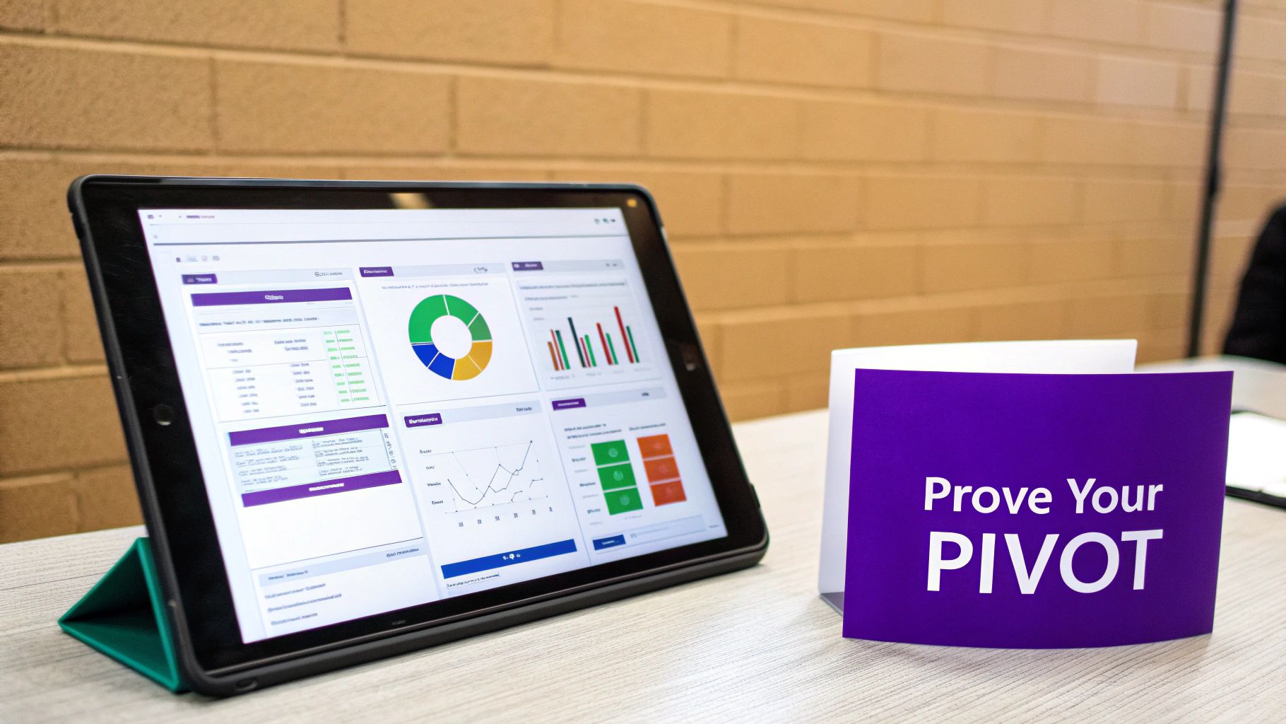 Tablet displaying colorful analytics dashboard with charts and graphs next to prove your pivot sign