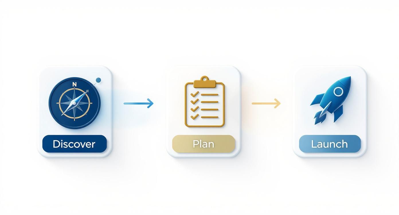 Three-step process workflow showing discover with compass, plan with checklist, and launch with rocket icons