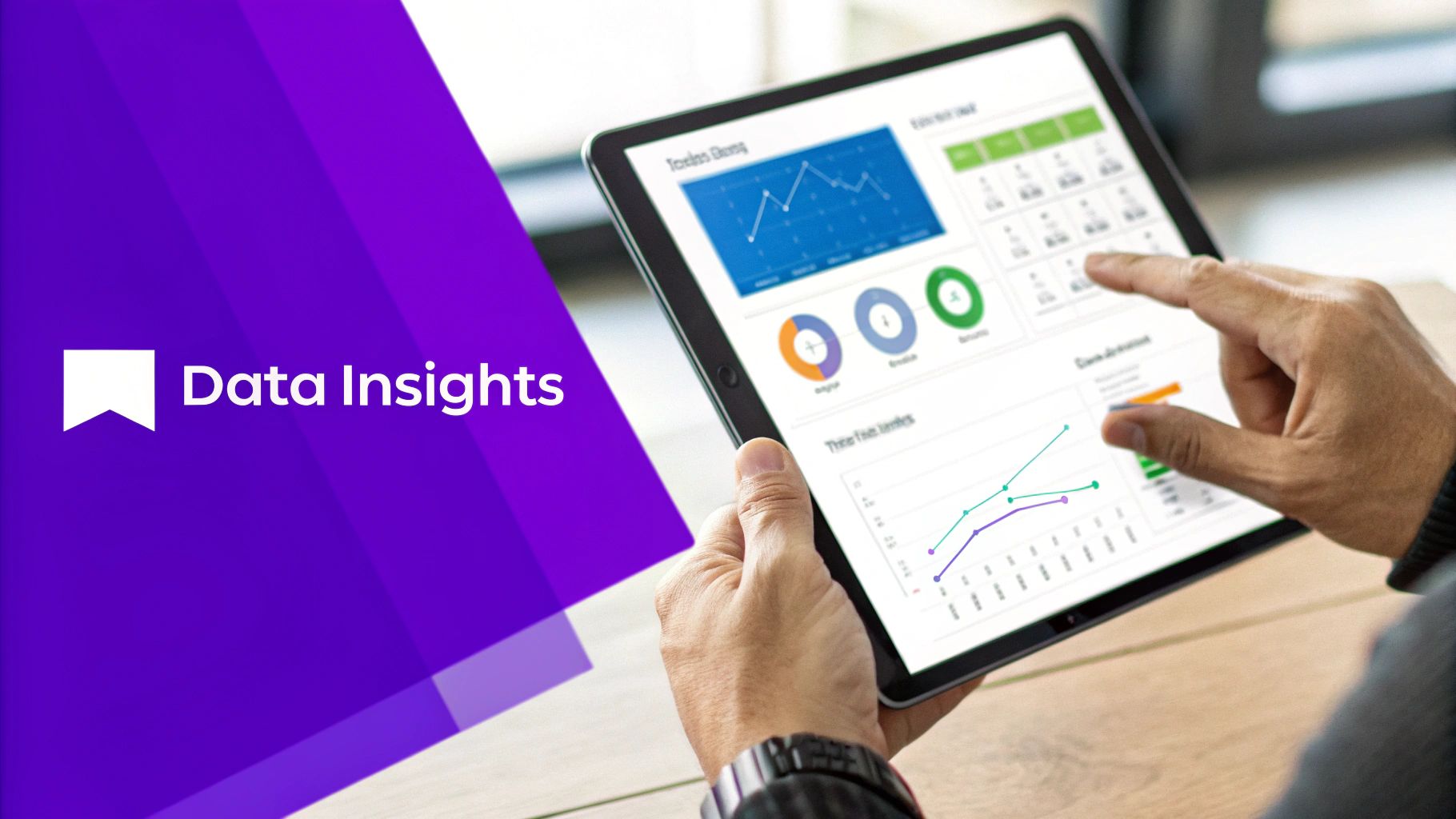 A person interacts with a tablet displaying data insights, charts, and graphs on a business dashboard.