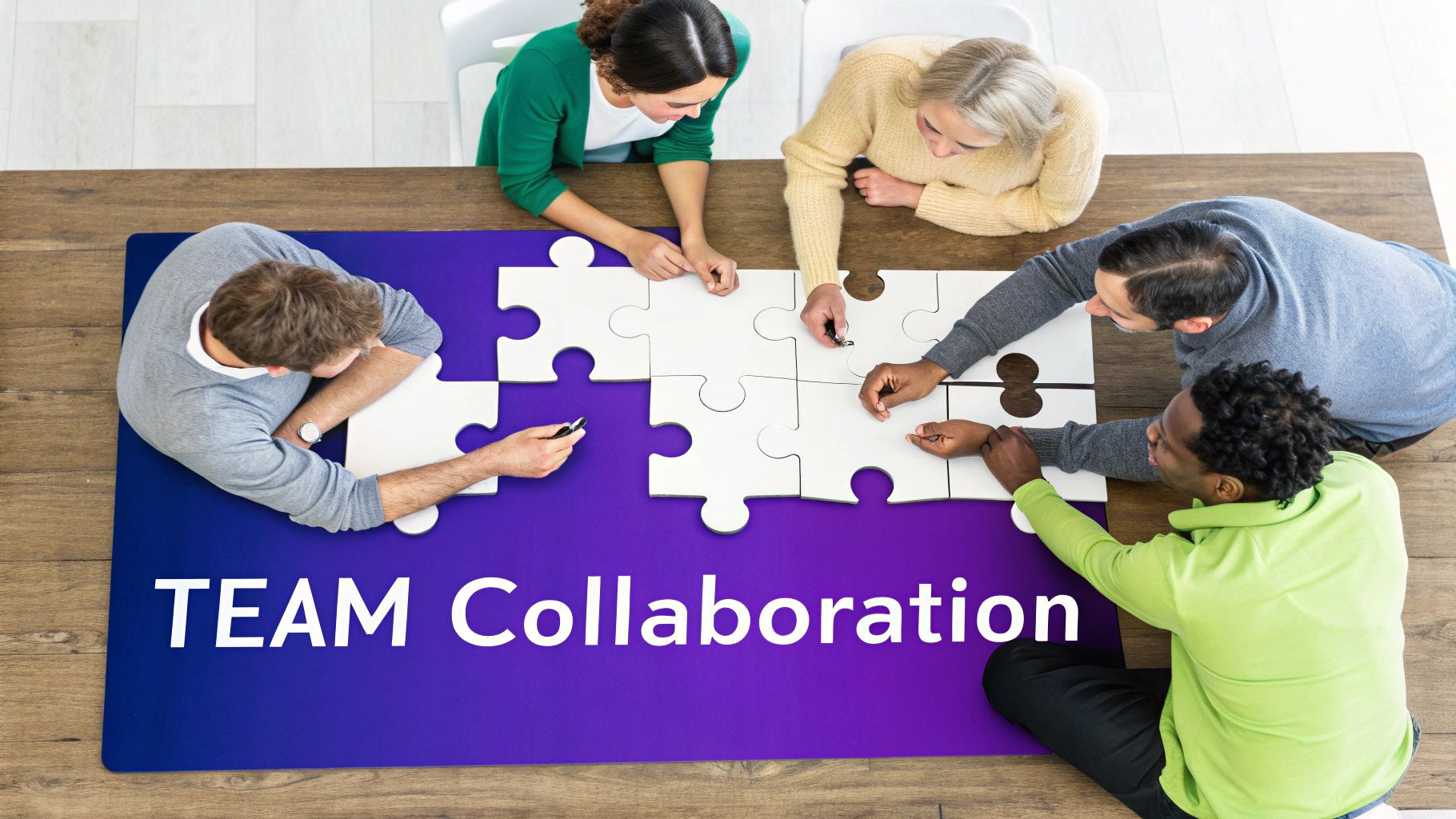 Diverse team collaborating on puzzle pieces around wooden table symbolizing teamwork and leadership