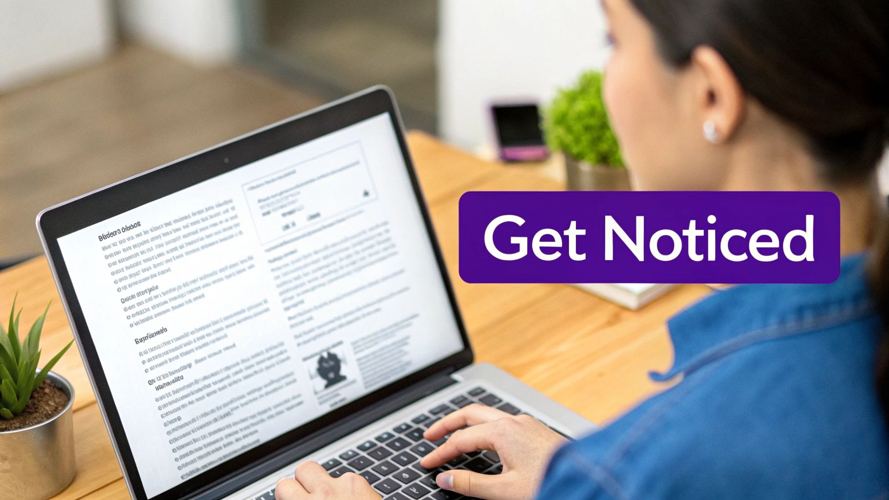 Person typing on a laptop with 'Get Noticed' text overlay, showing a webpage or document.