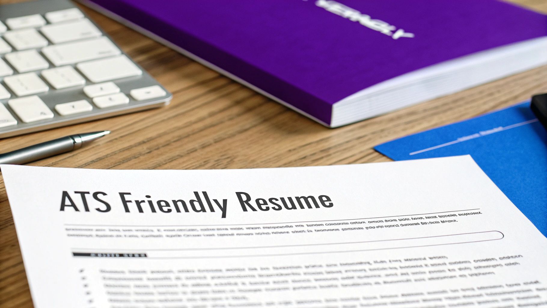 Close-up of a document titled 'ATS Friendly Resume' on a wooden desk with a pen, keyboard, and purple book.