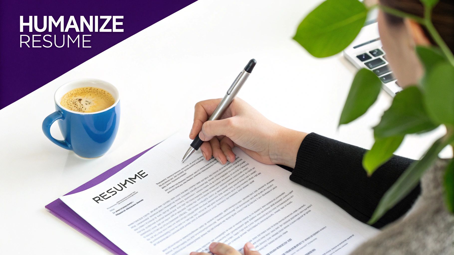 Person's hand writing on a resume document with a pen, next to a coffee cup and laptop.