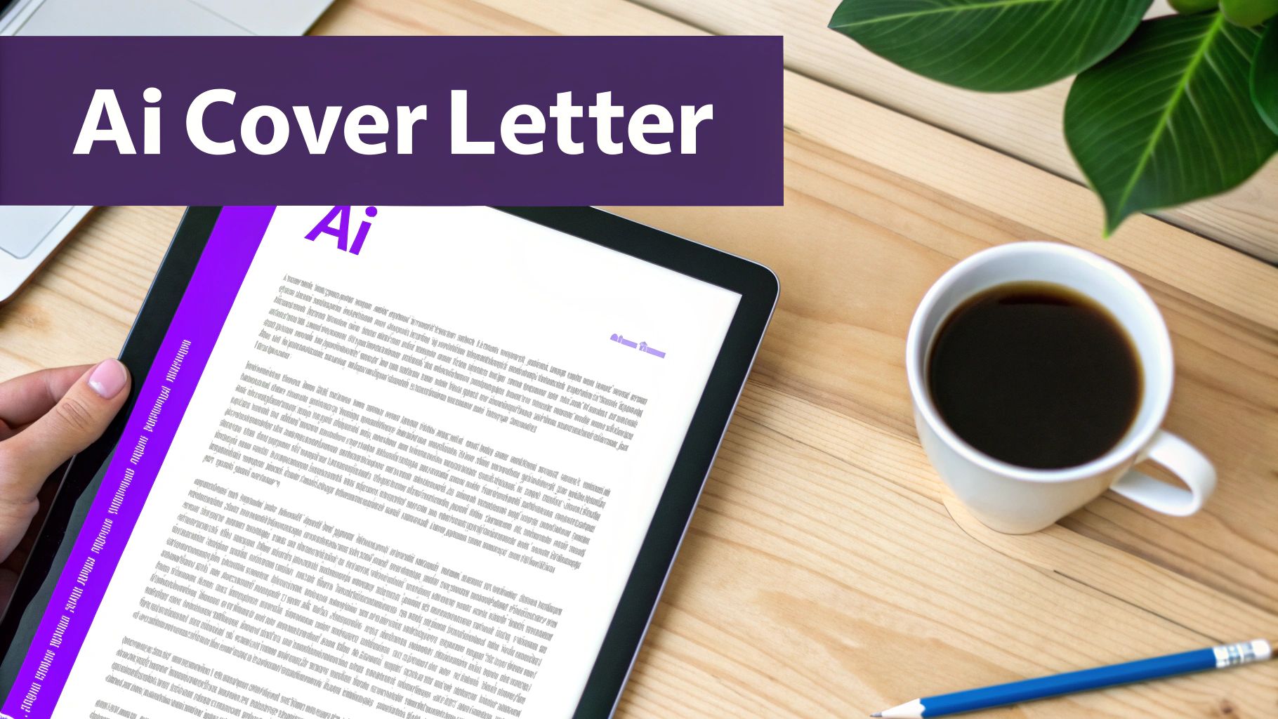 A person views an AI-generated cover letter on a tablet, next to coffee and a pencil on a wooden desk.