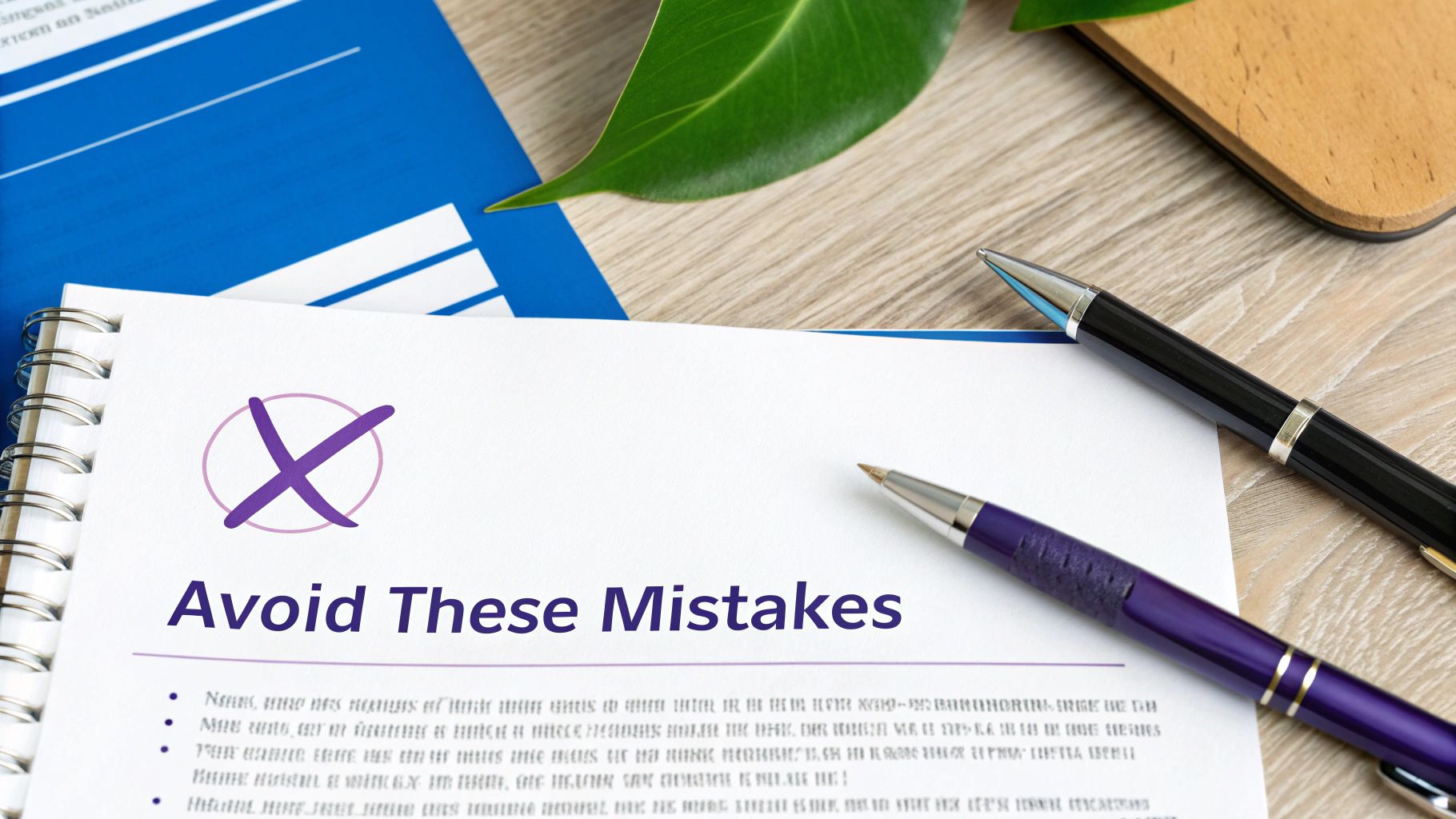 A notebook page titled 'Avoid These Mistakes' with a purple X mark and two pens.