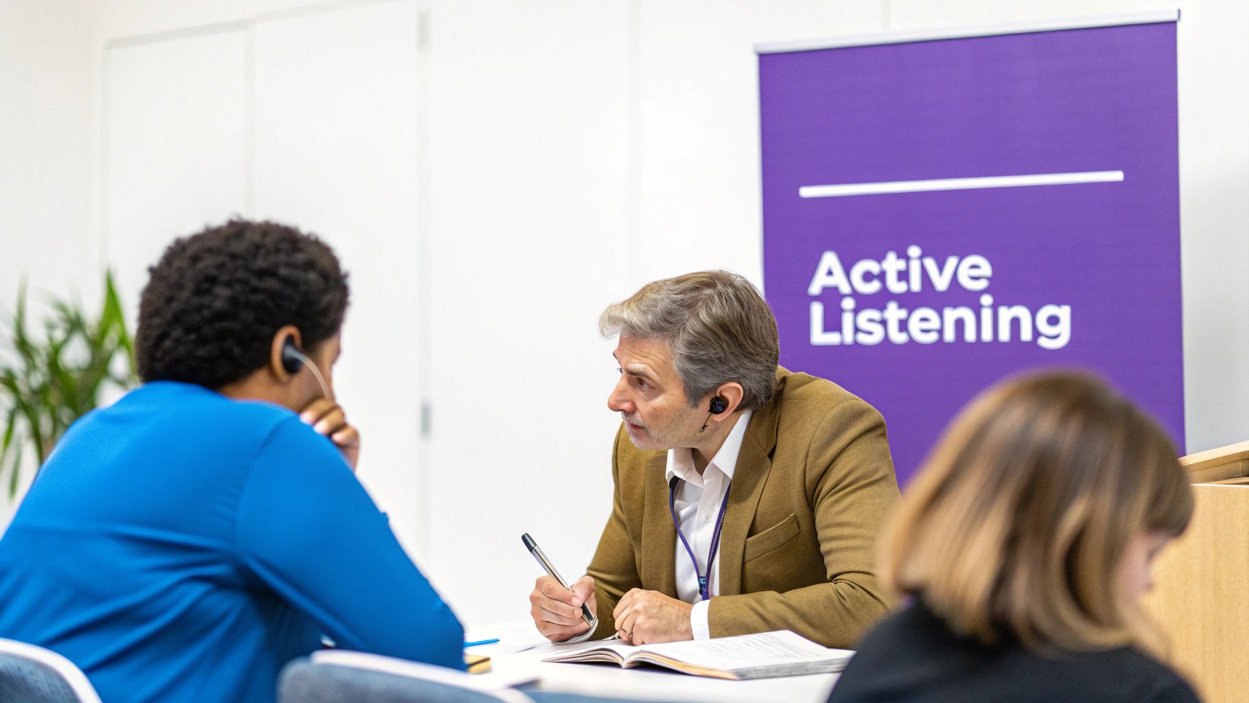 Business professionals practicing active listening skills during collaborative meeting with purple banner backdrop