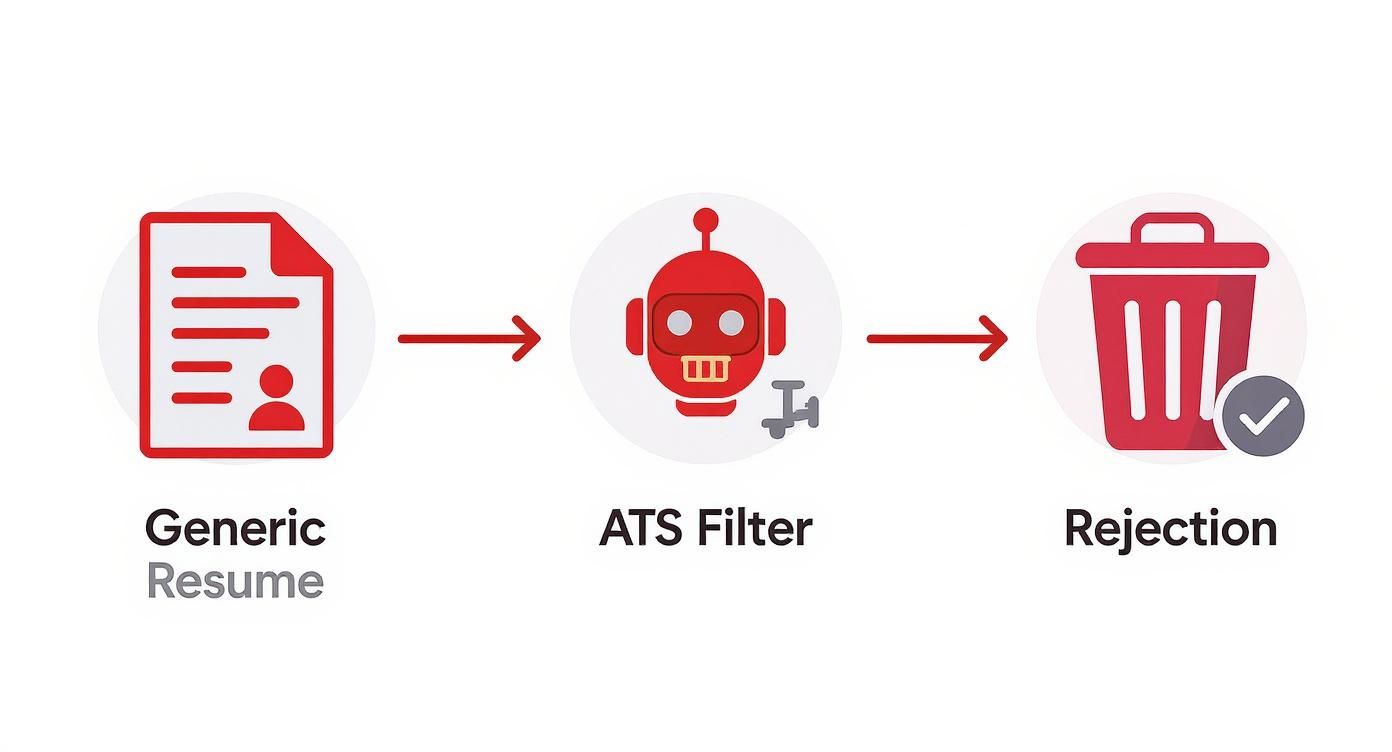 Infographic about how to tailor resume to a job description, showing a generic resume going into an ATS filter and then into a rejection bin