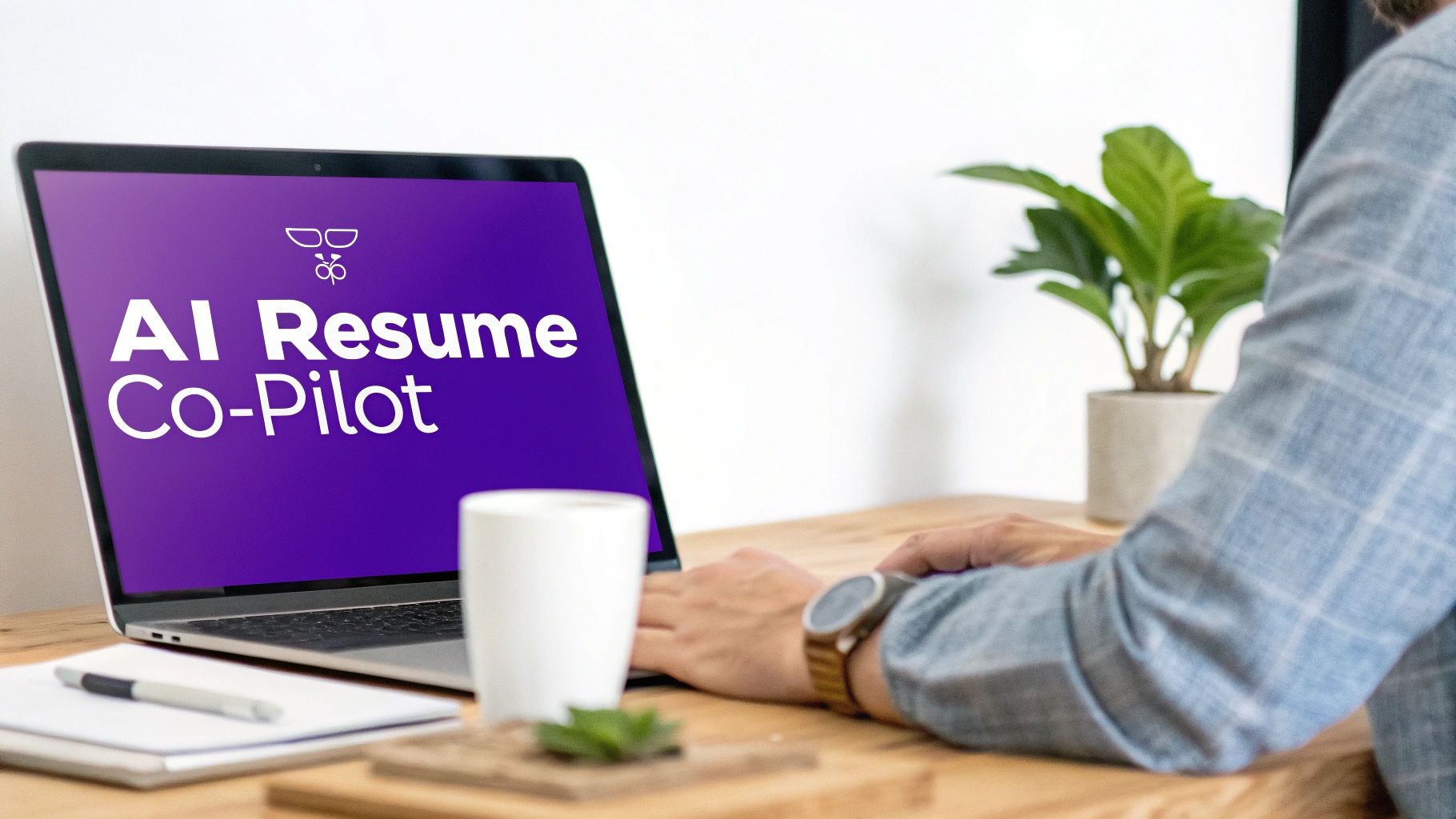 A person types on a laptop displaying 'AI Resume Co-Pilot' on a wooden desk with coffee and a plant.