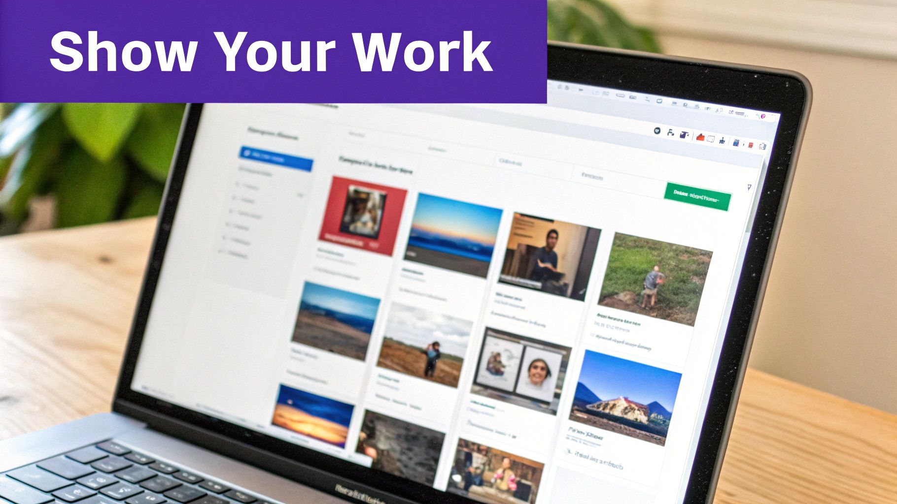 A laptop on a wooden desk displaying a 'Show Your Work' online portfolio with various images.