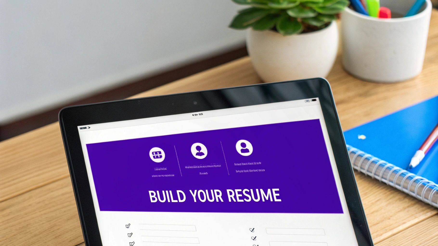 A tablet on a wooden desk displays a resume builder application with 'BUILD YOUR RESUME' text. A plant and stationery are nearby.