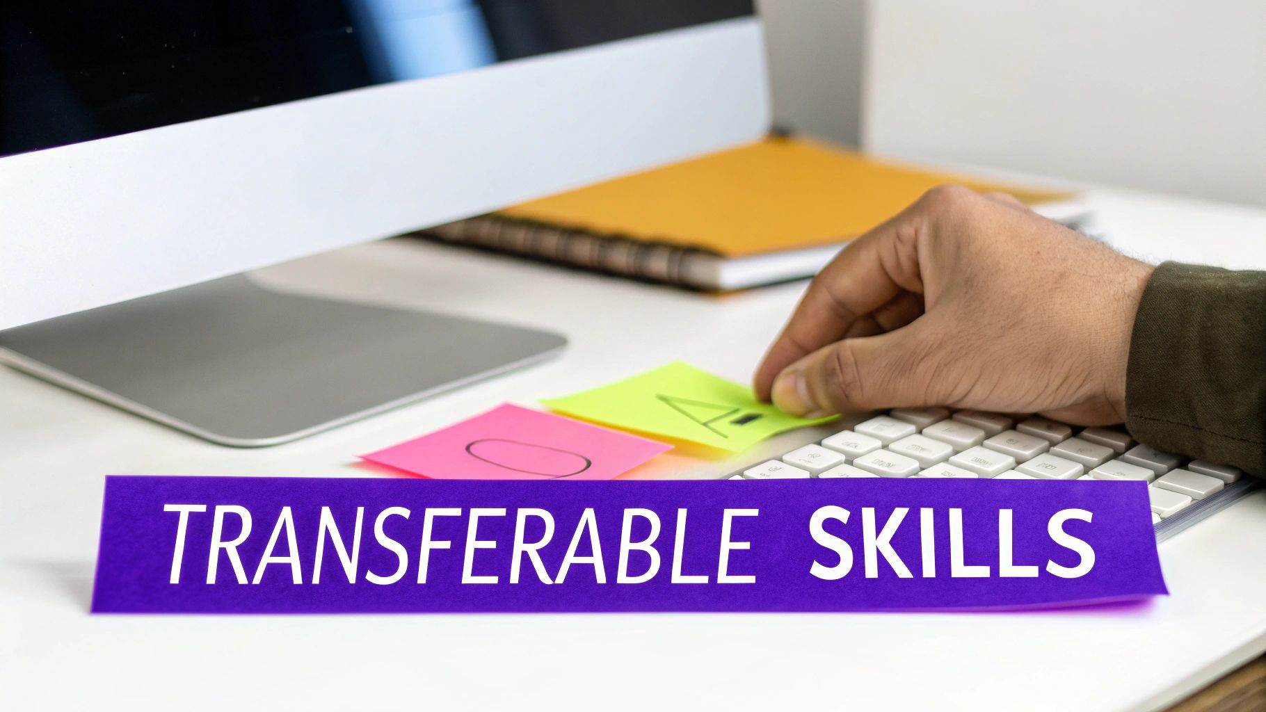 A hand places a sticky note on a keyboard, with a purple 'TRANSFERABLE SKILLS' banner.