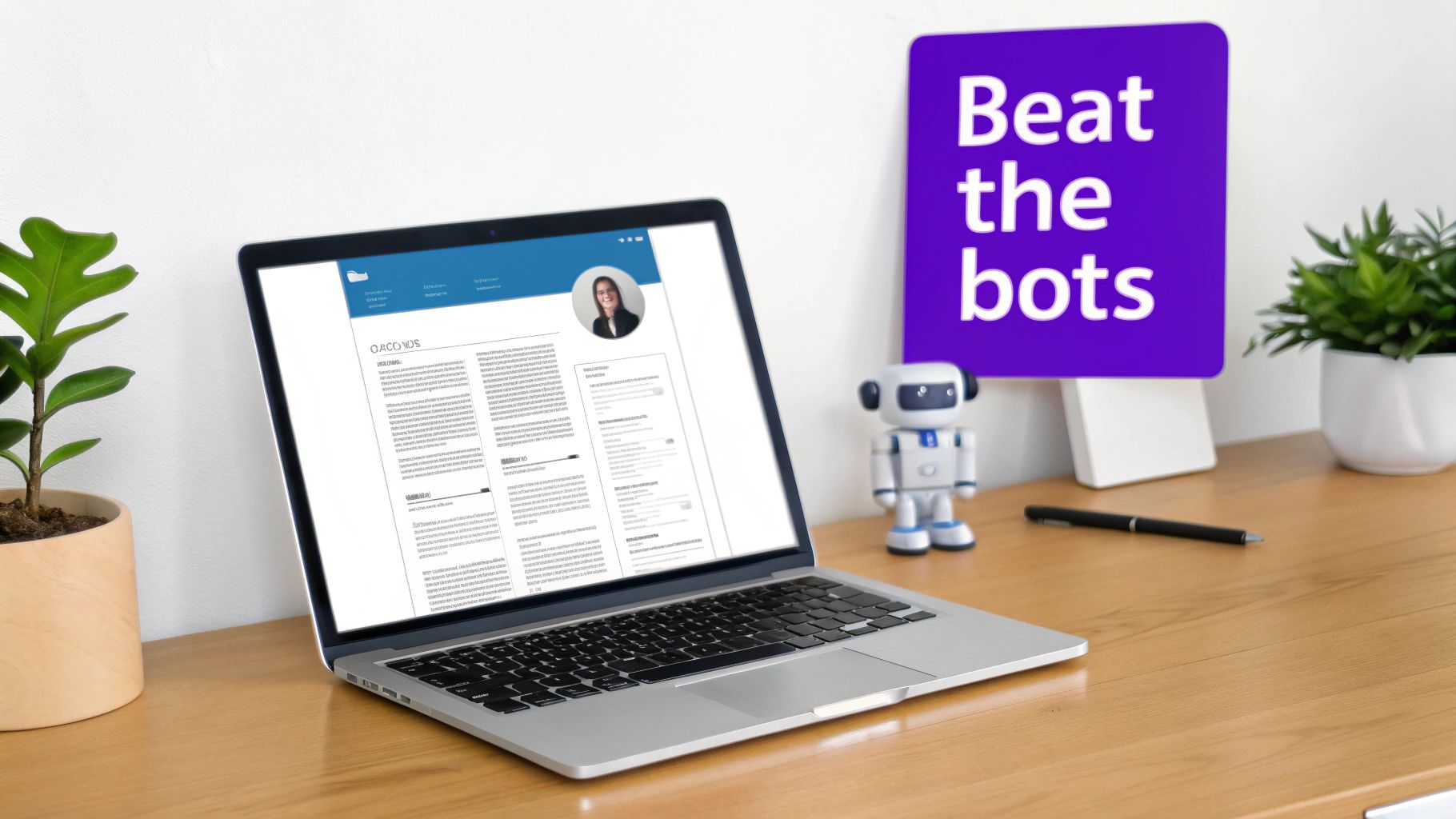 Laptop displaying a resume, alongside a robot and a 'Beat the bots' sign, symbolizing ATS optimization.