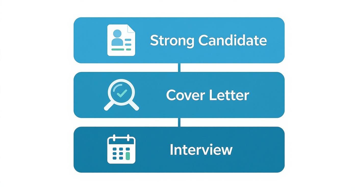 Three step recruitment process diagram showing strong candidate, cover letter, and interview stages with icons