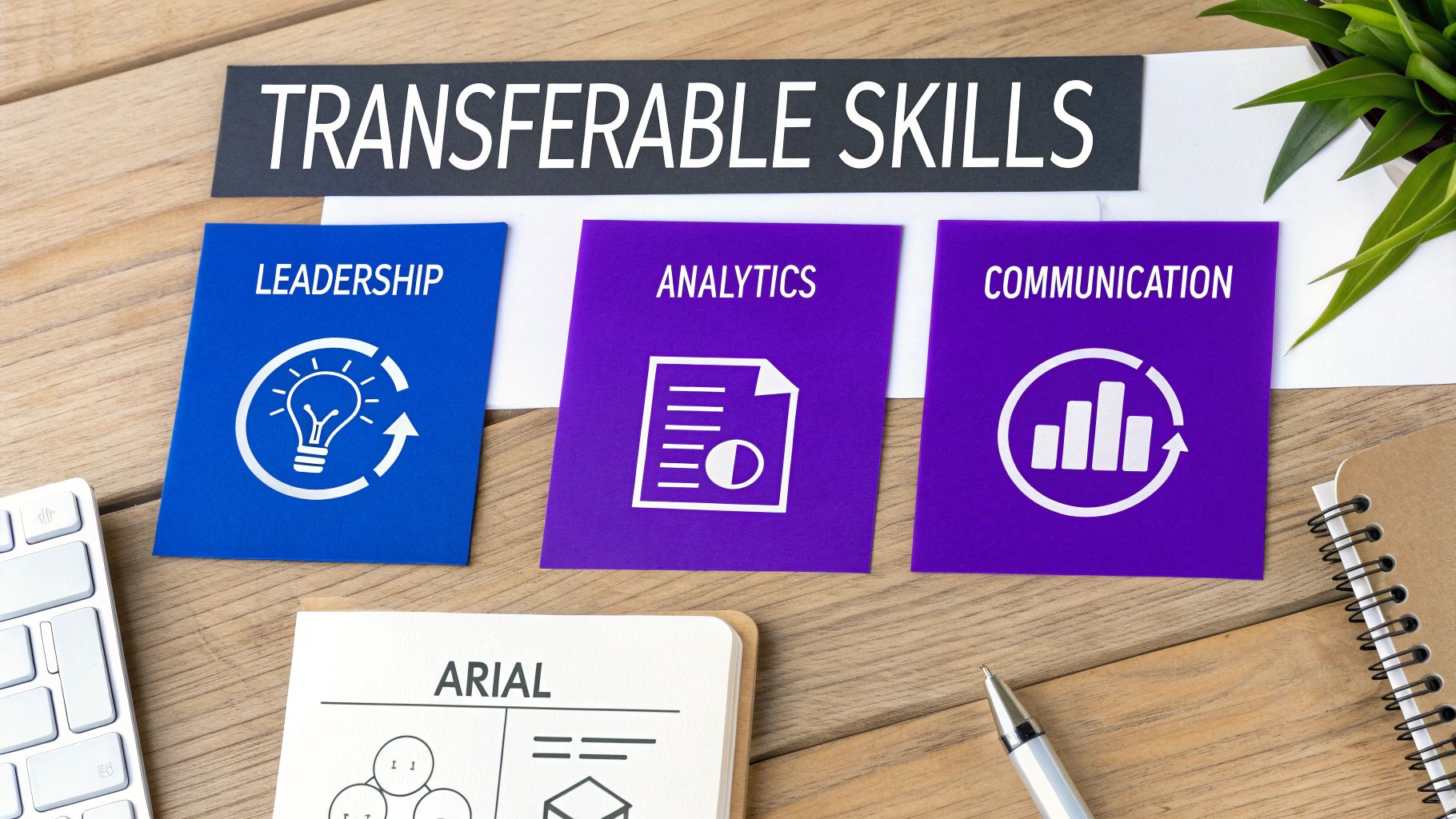 A display shows 'Transferable Skills' with cards for Leadership, Analytics, and Communication.
