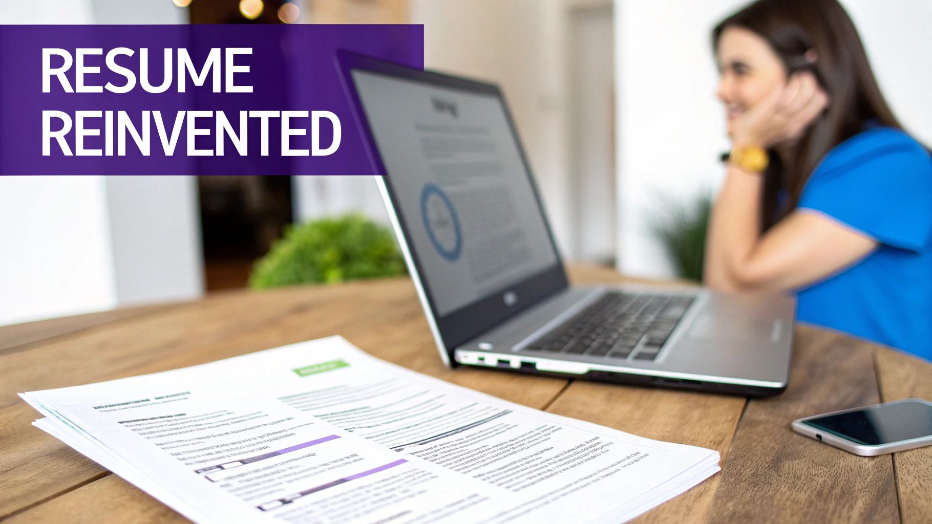 A woman reviews 'RESUME REINVENTED' on a laptop and documents, symbolizing career change and job search preparation.