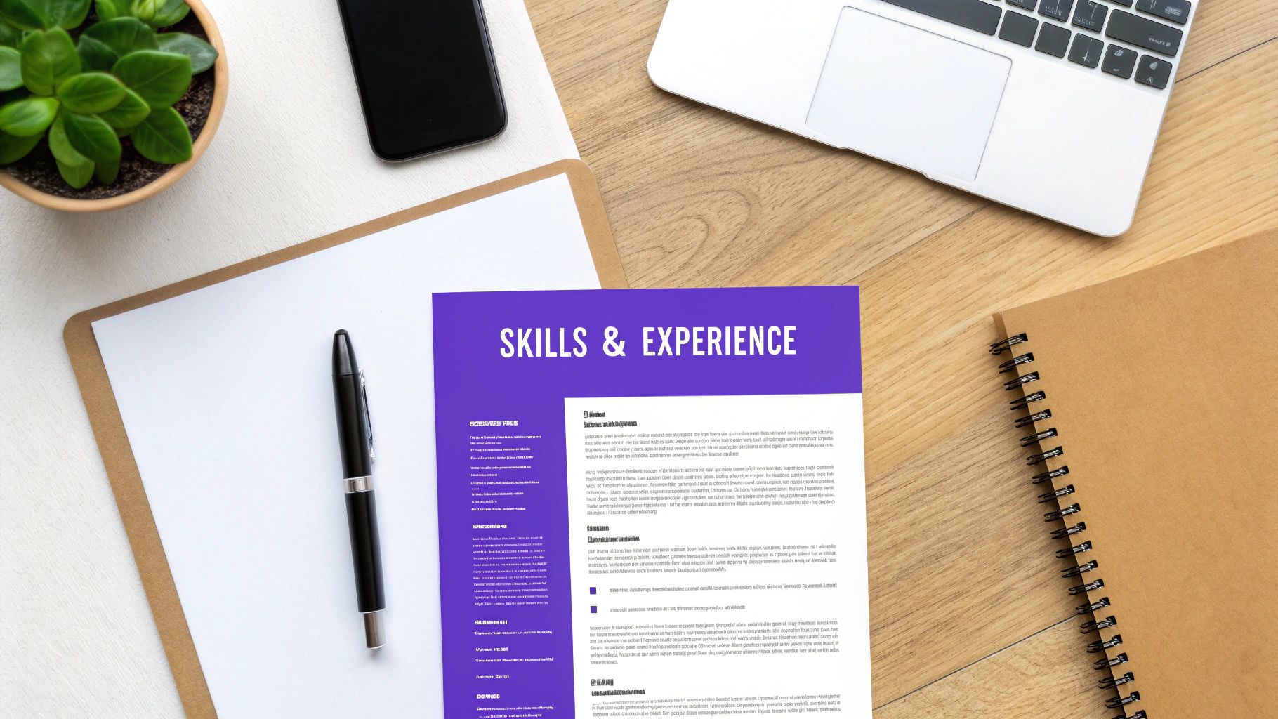 A flat lay of a desk with a purple resume titled 'Skills & Experience', a laptop, pen, phone, plant, and notebook.