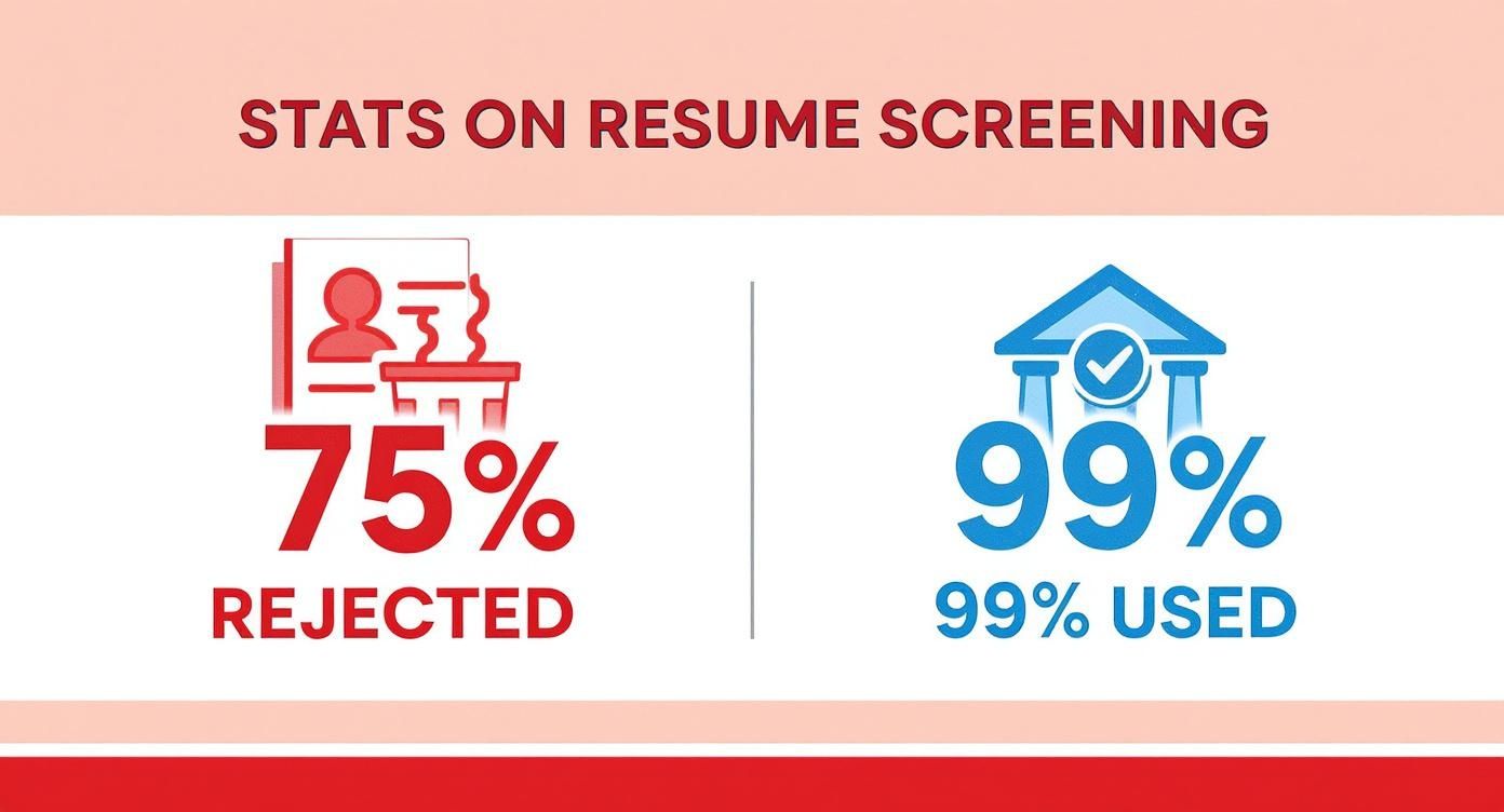 Infographic showing that 75% of resumes are rejected, while 99% of companies use resume screening.