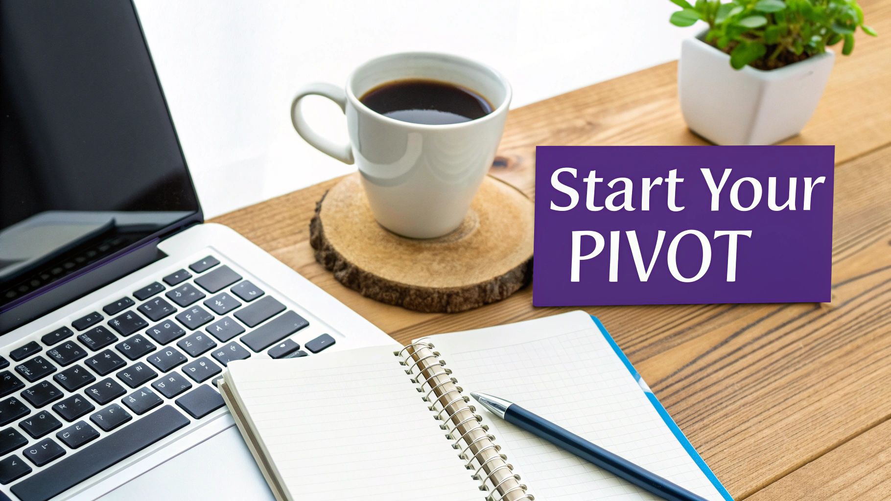 Laptop, coffee cup, notebook with pen on wooden desk displaying Start Your Pivot motivational text