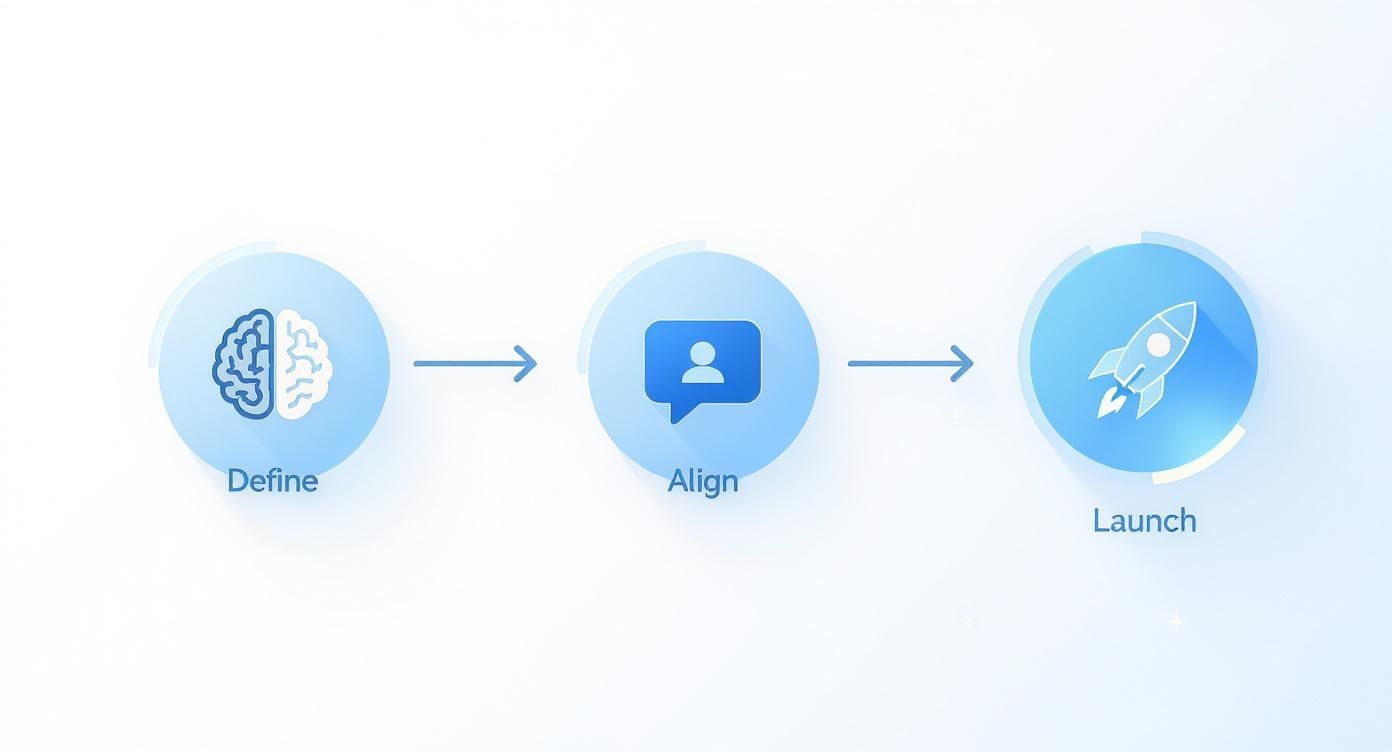 Three-step rebranding process workflow showing define, align, and launch phases with brain, communication, and rocket icons