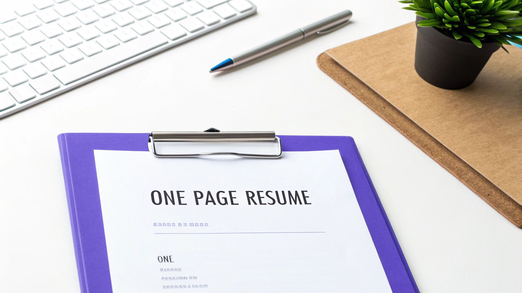 A document titled "ONE PAGE RESUME" on a purple clipboard on a white desk with a keyboard and pen.