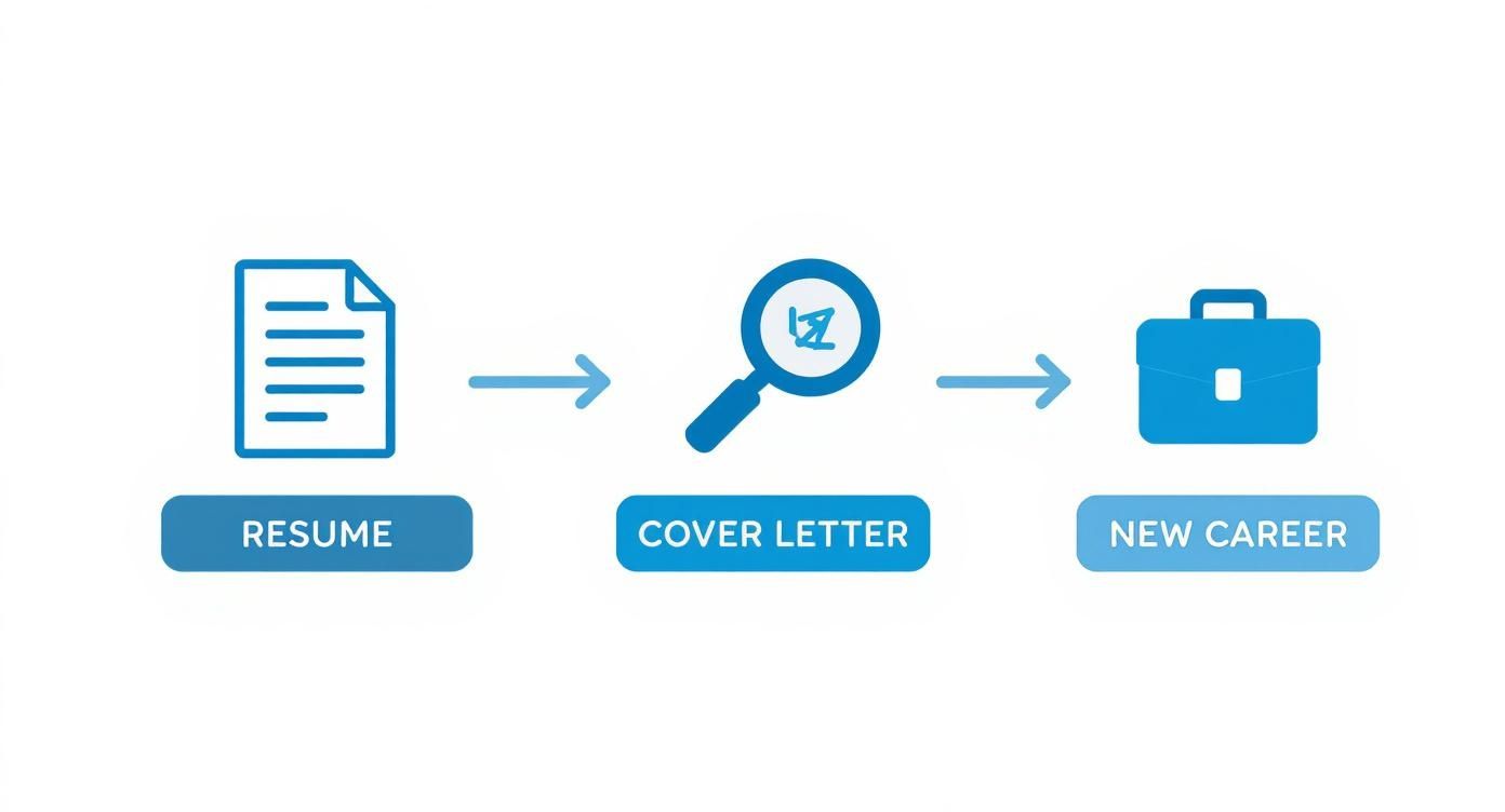 A flowchart with icons for resume, cover letter, and new career, showing a job application process.