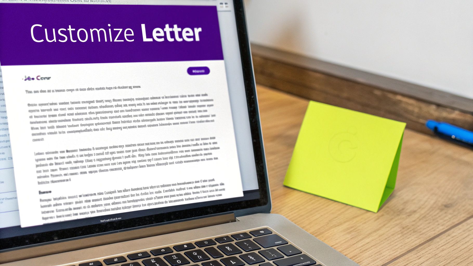 Laptop screen displaying customizable cover letter template on wooden desk with colorful sticky notes