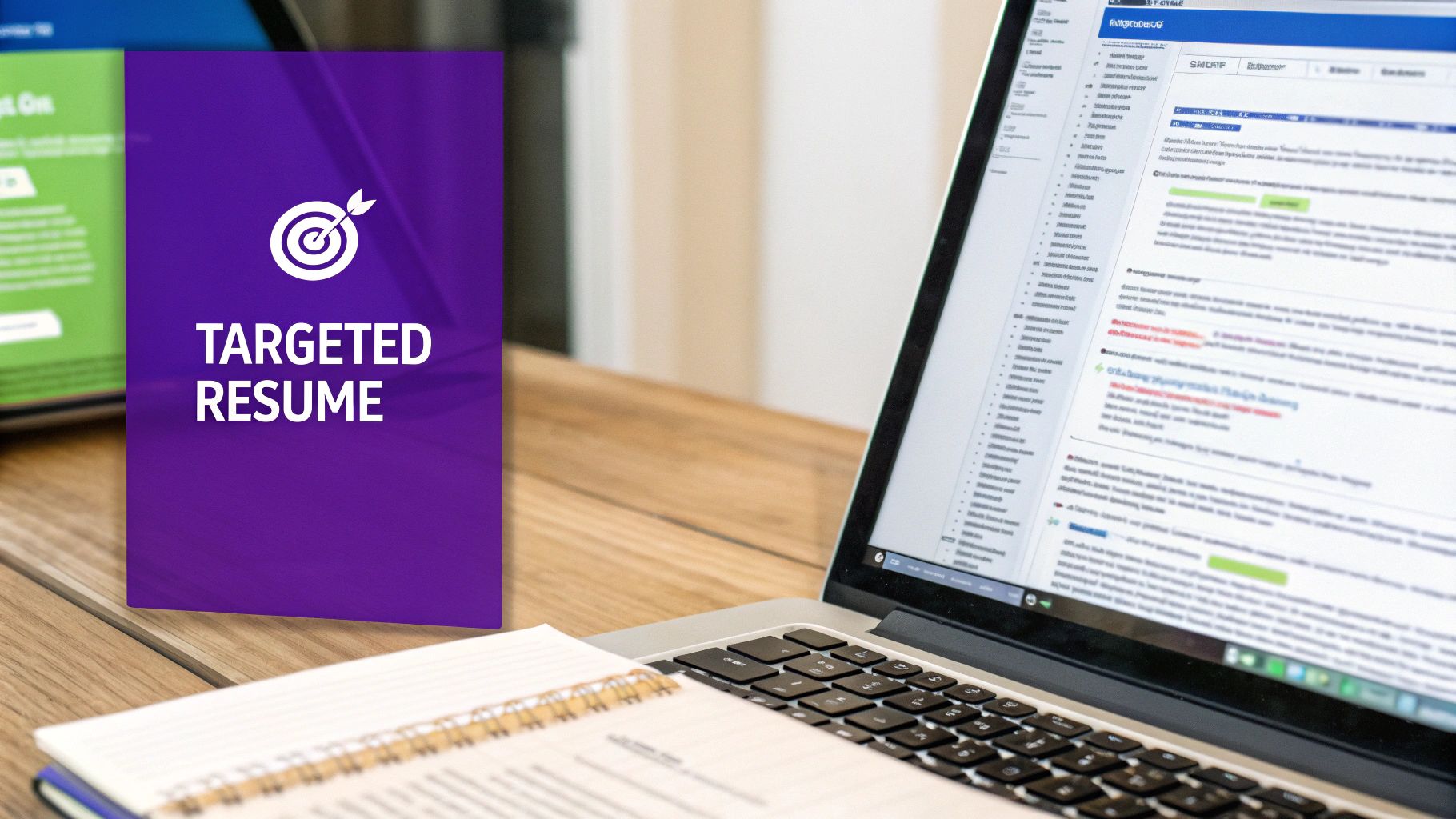 A purple book titled 'TARGETED RESUME' next to a laptop displaying job application content on a desk.