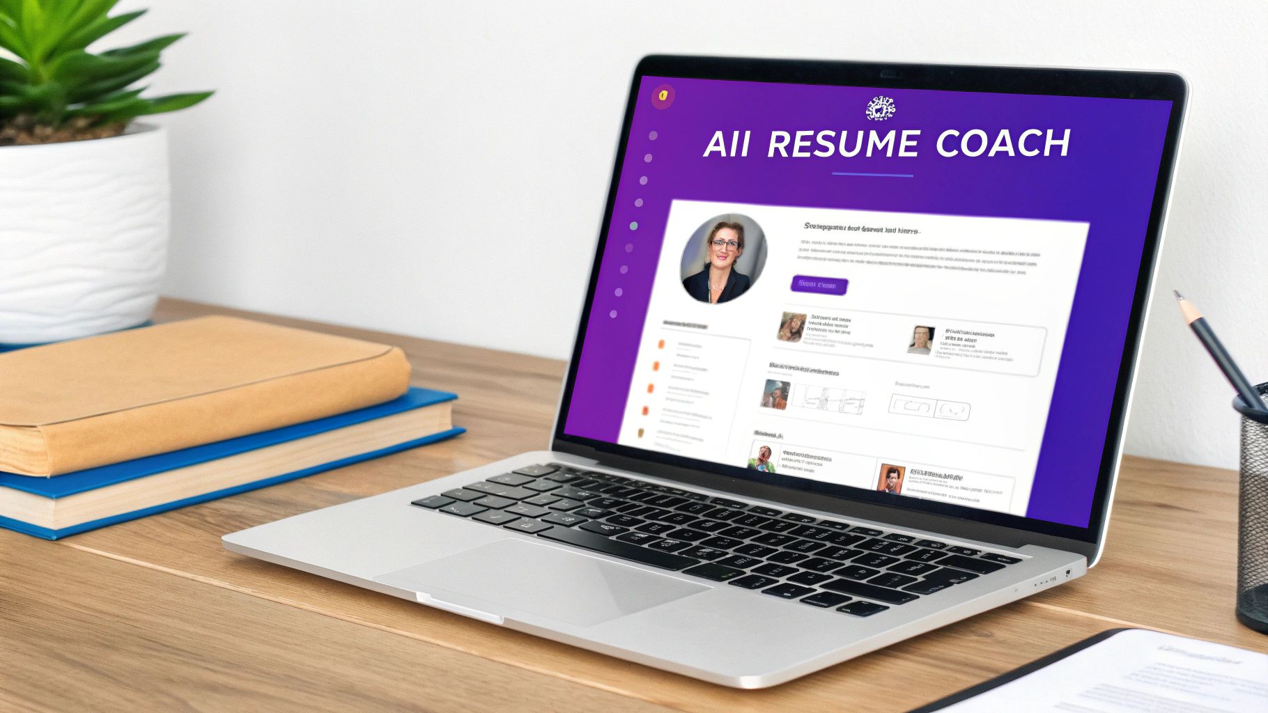 A laptop on a wooden desk displays an AI resume coach application with a woman's profile.