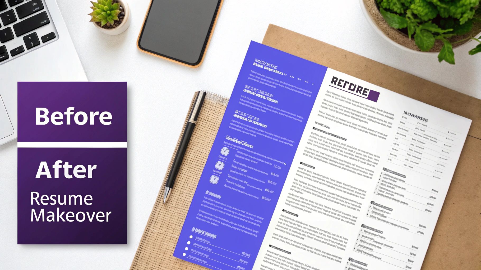 A 'Before and After Resume Makeover' image comparing a busy blue resume with a clean white one on a desk.