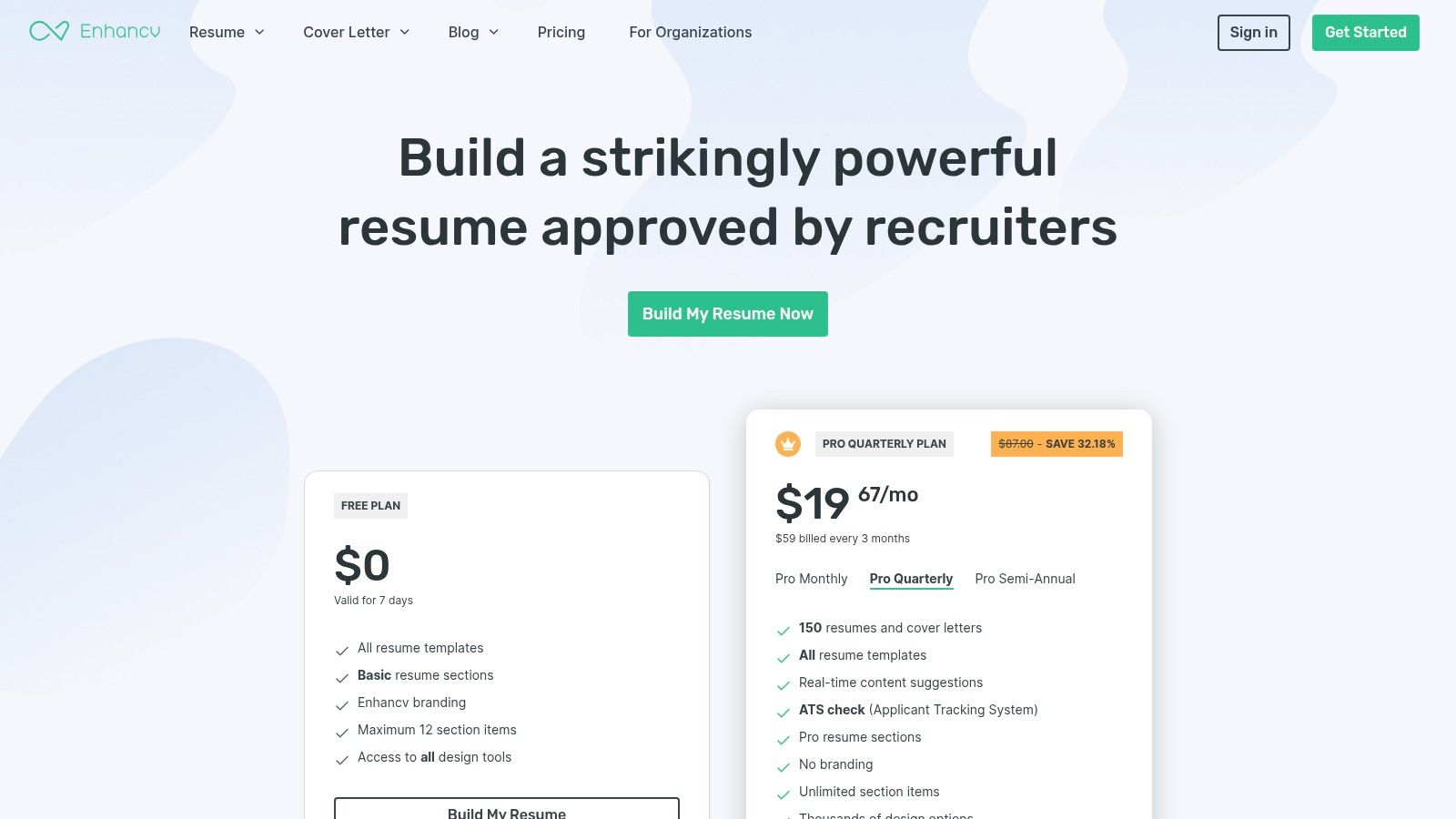 Enhancv's resume builder interface showing design options and an ATS check feature.