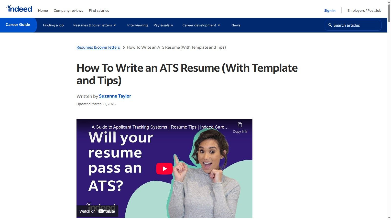 A screenshot of the Indeed Career Guide page showing an ATS-friendly resume template and tips.