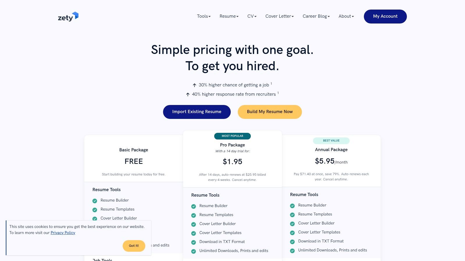 A screenshot of the Zety website showcasing its pricing plans and resume builder features.