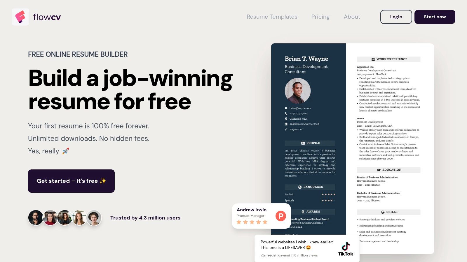 FlowCV – Free, watermark-free PDF downloads