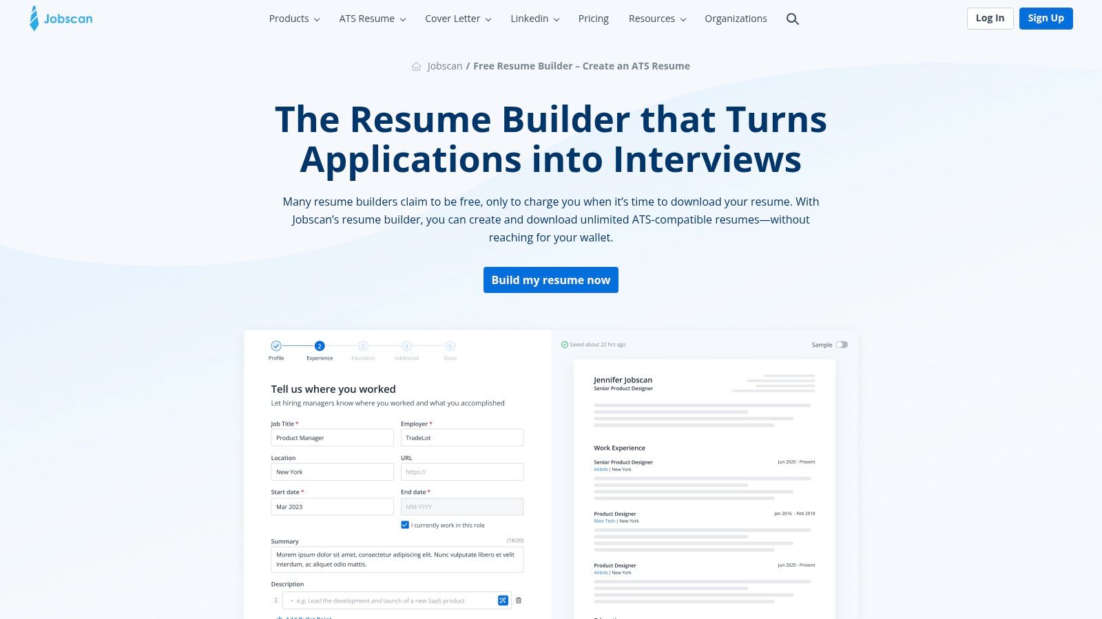 A screenshot of the Jobscan resume builder interface showing an ATS-friendly template being edited.
