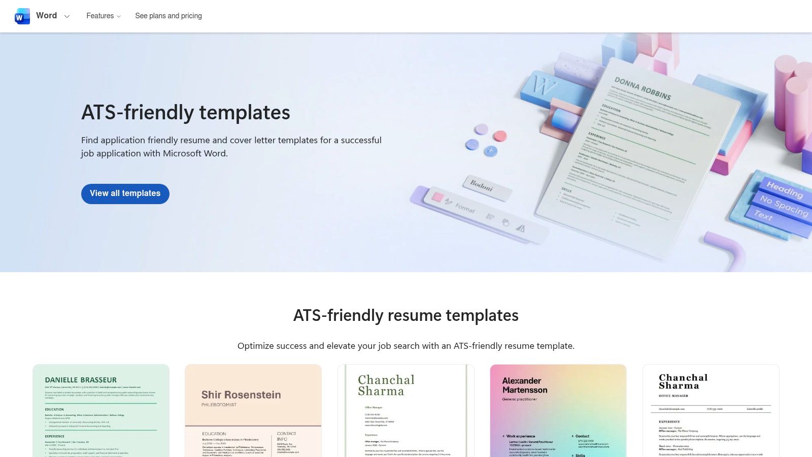 A screenshot of the Microsoft Create website showing several ATS-friendly resume templates for Microsoft Word.