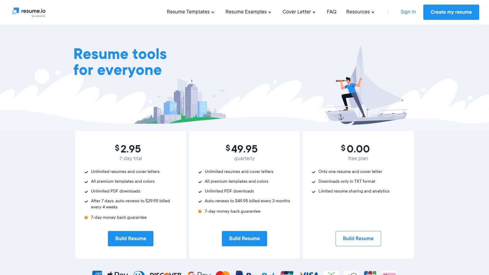 A screenshot of the Resume.io website pricing page showing its plan options.