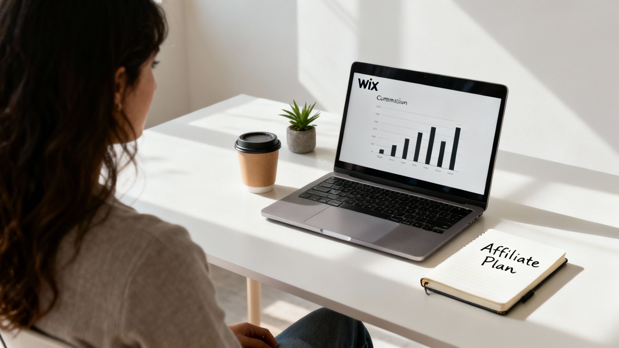 Woman reviews Wix commission data on laptop, with an 'Affiliate Plan' notebook nearby.