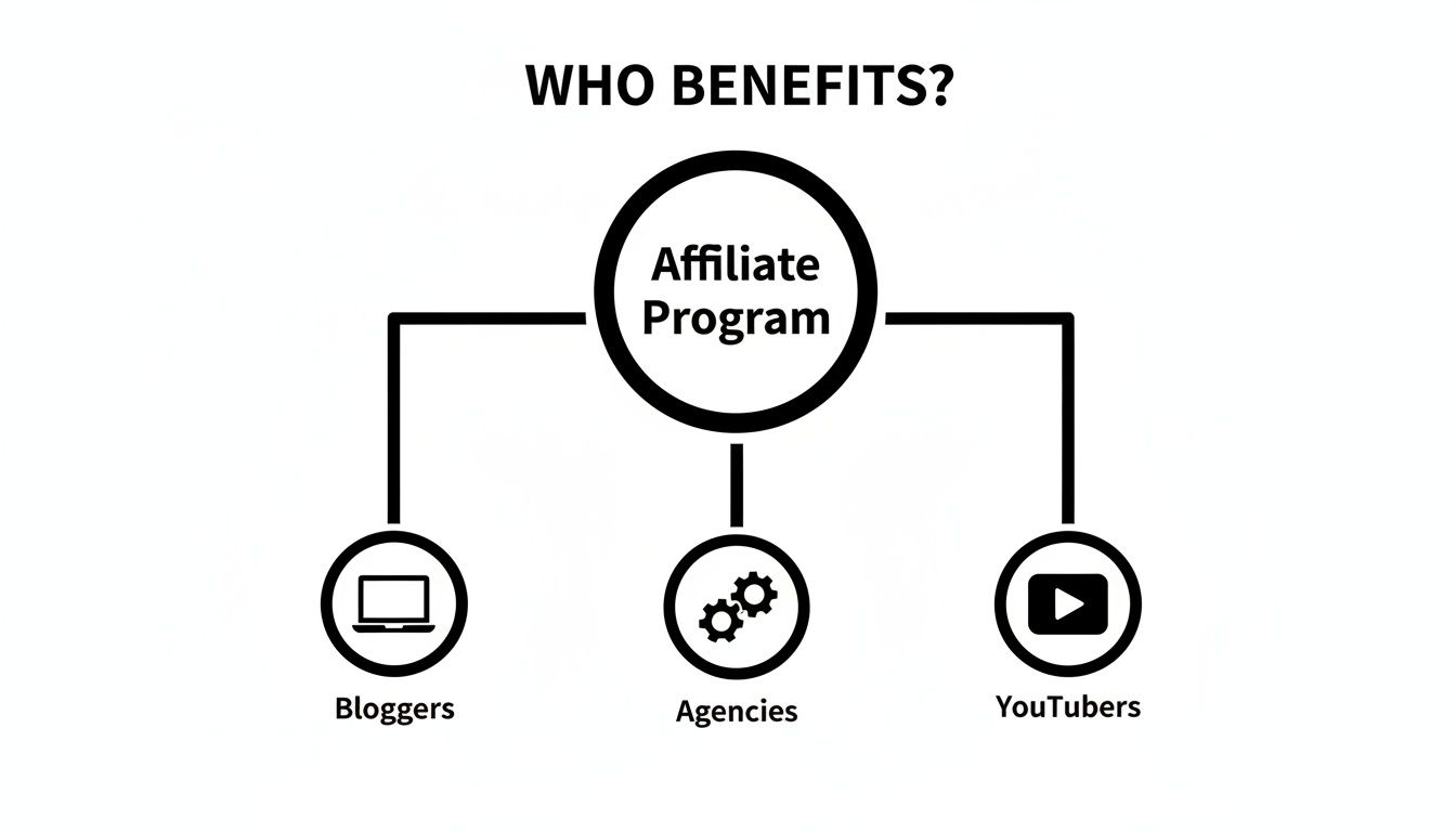Diagram illustrating the beneficiaries of an affiliate program, including bloggers, agencies, and YouTubers.