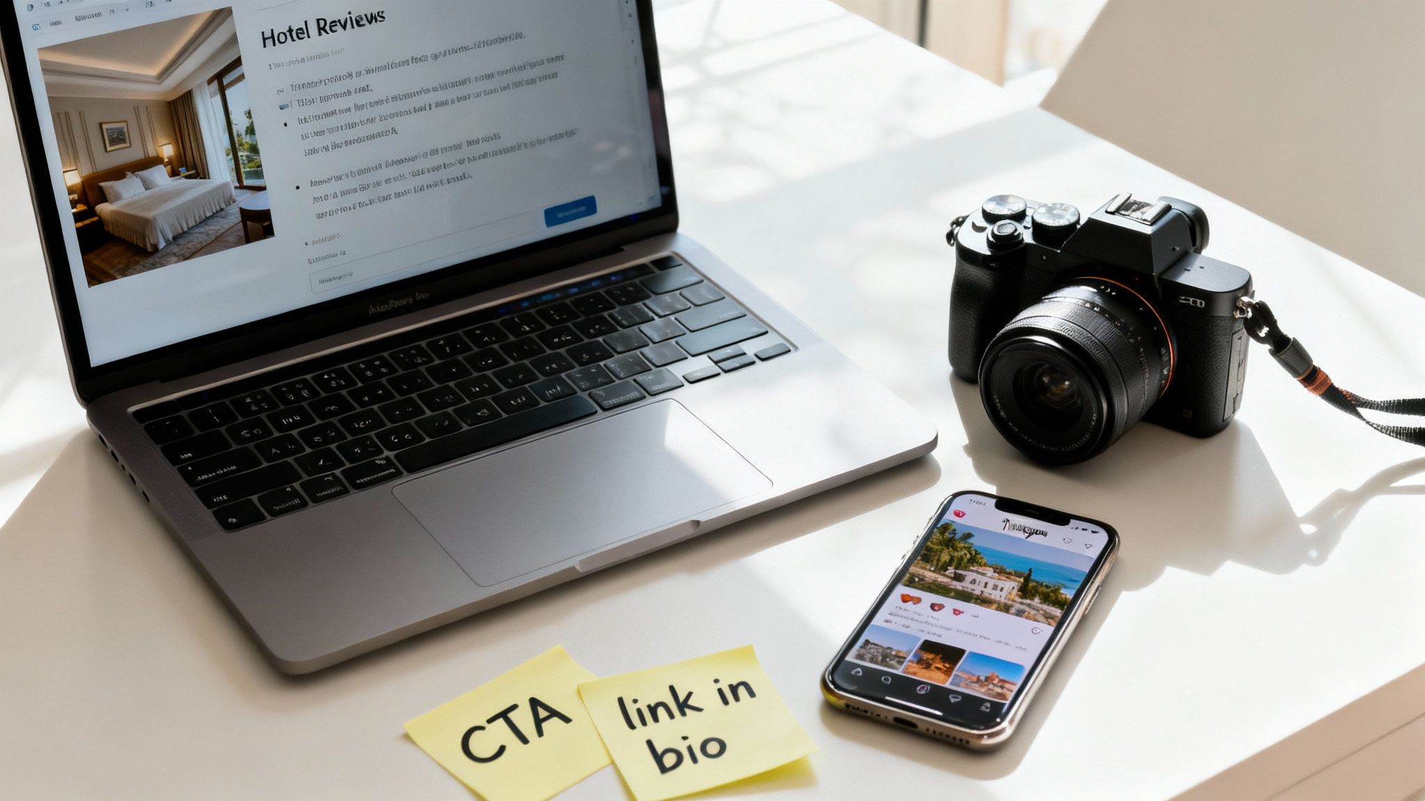 A desk setup with a laptop showing hotel reviews, a camera, a phone, and sticky notes for social media marketing.