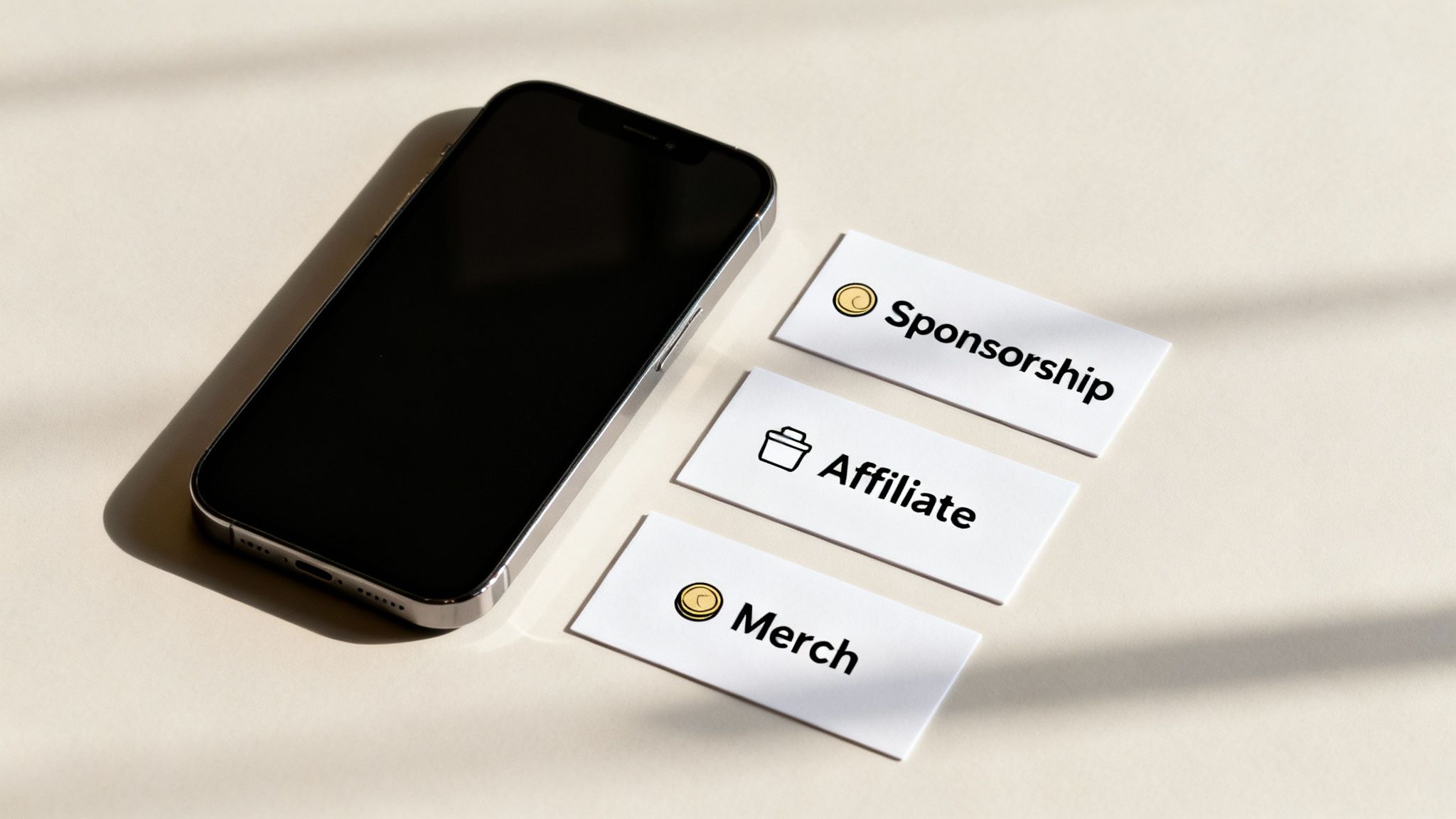 A creative workspace showing a laptop with a media kit design, a smartphone displaying YouTube Shorts, and merchandise like a t-shirt and mug.