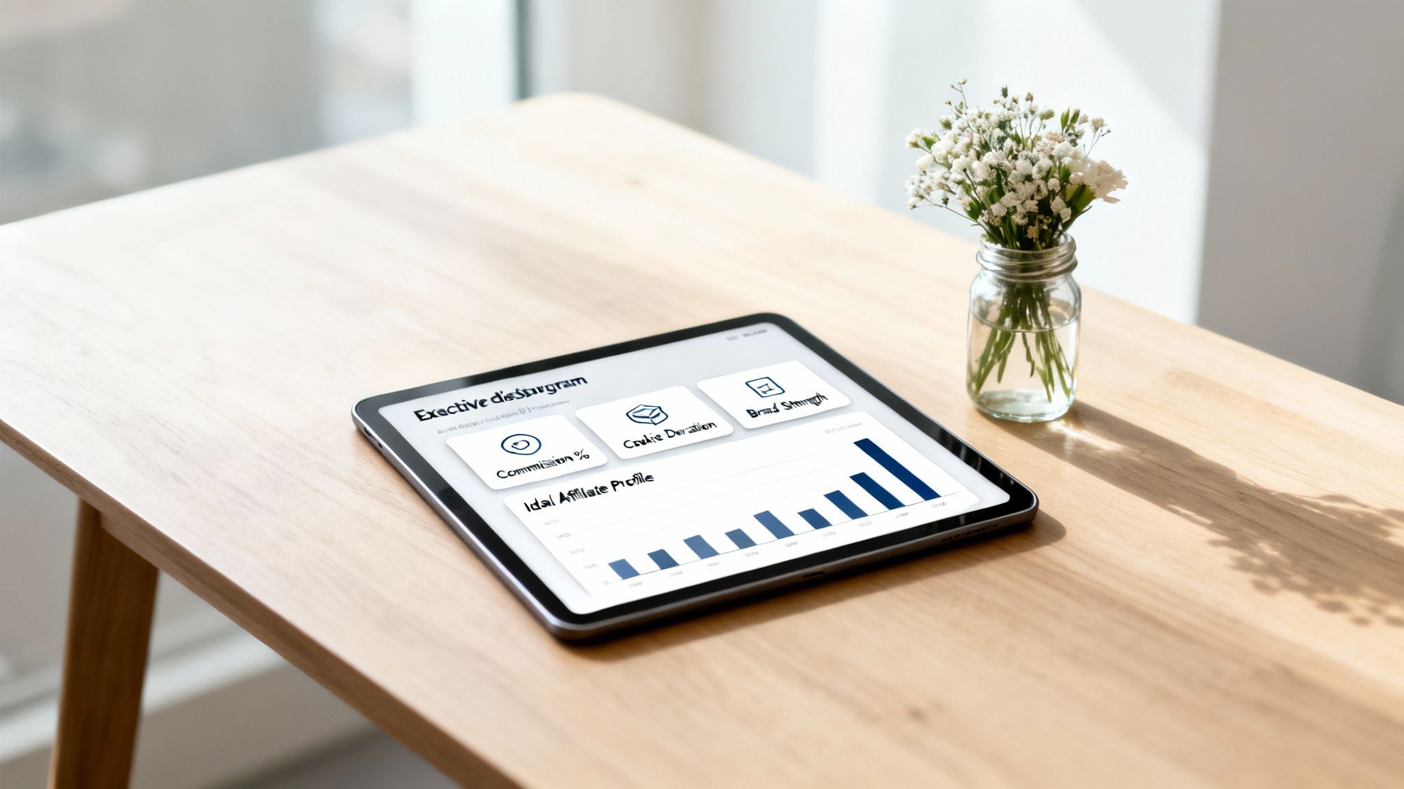 Tablet displaying an affiliate program dashboard on a light wooden table next to a vase of white flowers.