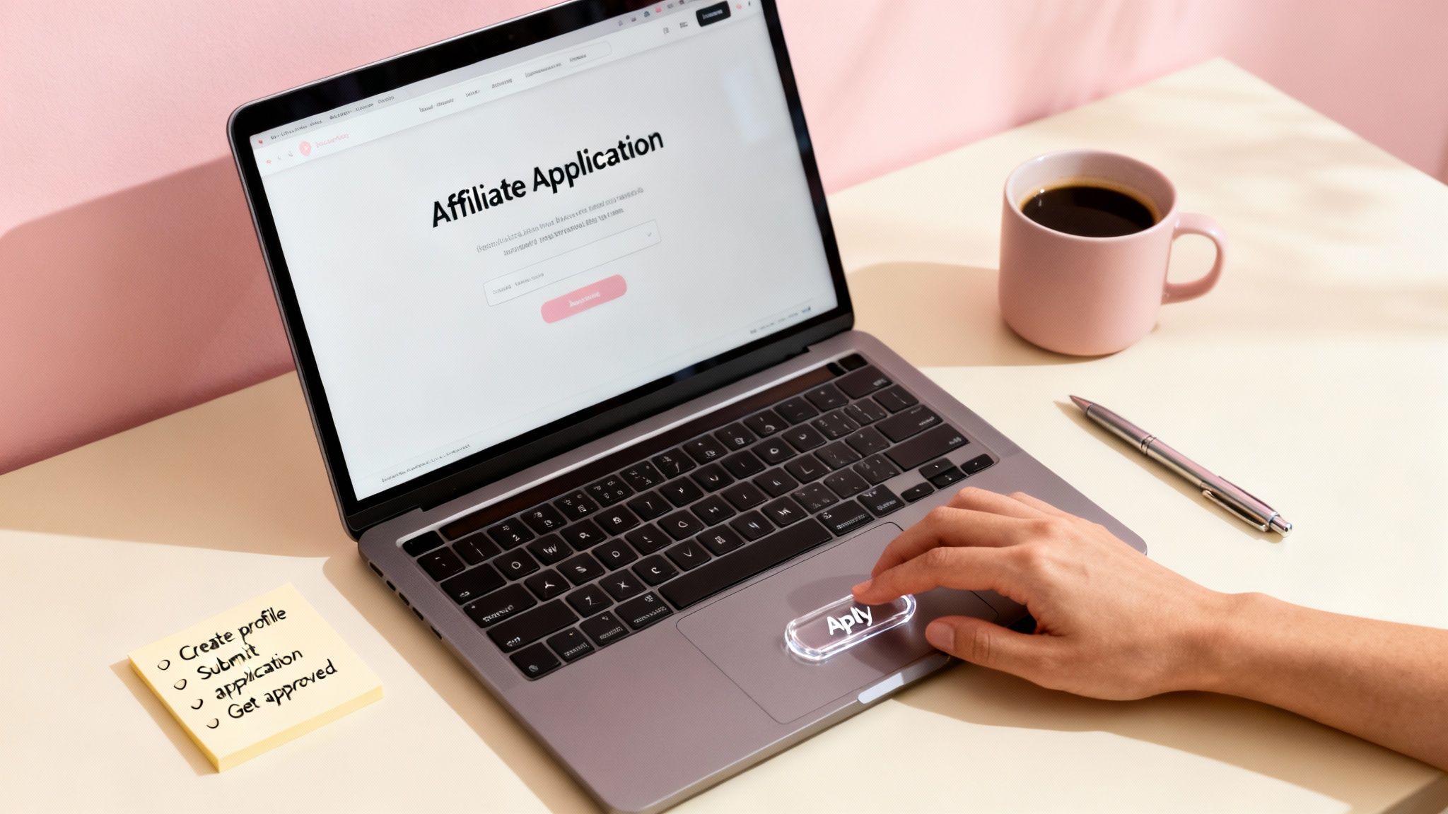 A person applies for an affiliate program on a laptop with a coffee cup and sticky note.