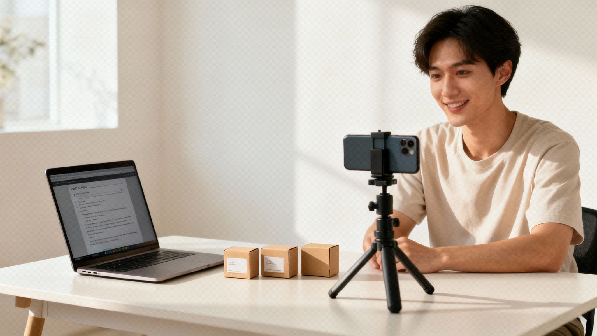 A person creating engaging content on a smartphone, with icons representing social media engagement and sales floating around.