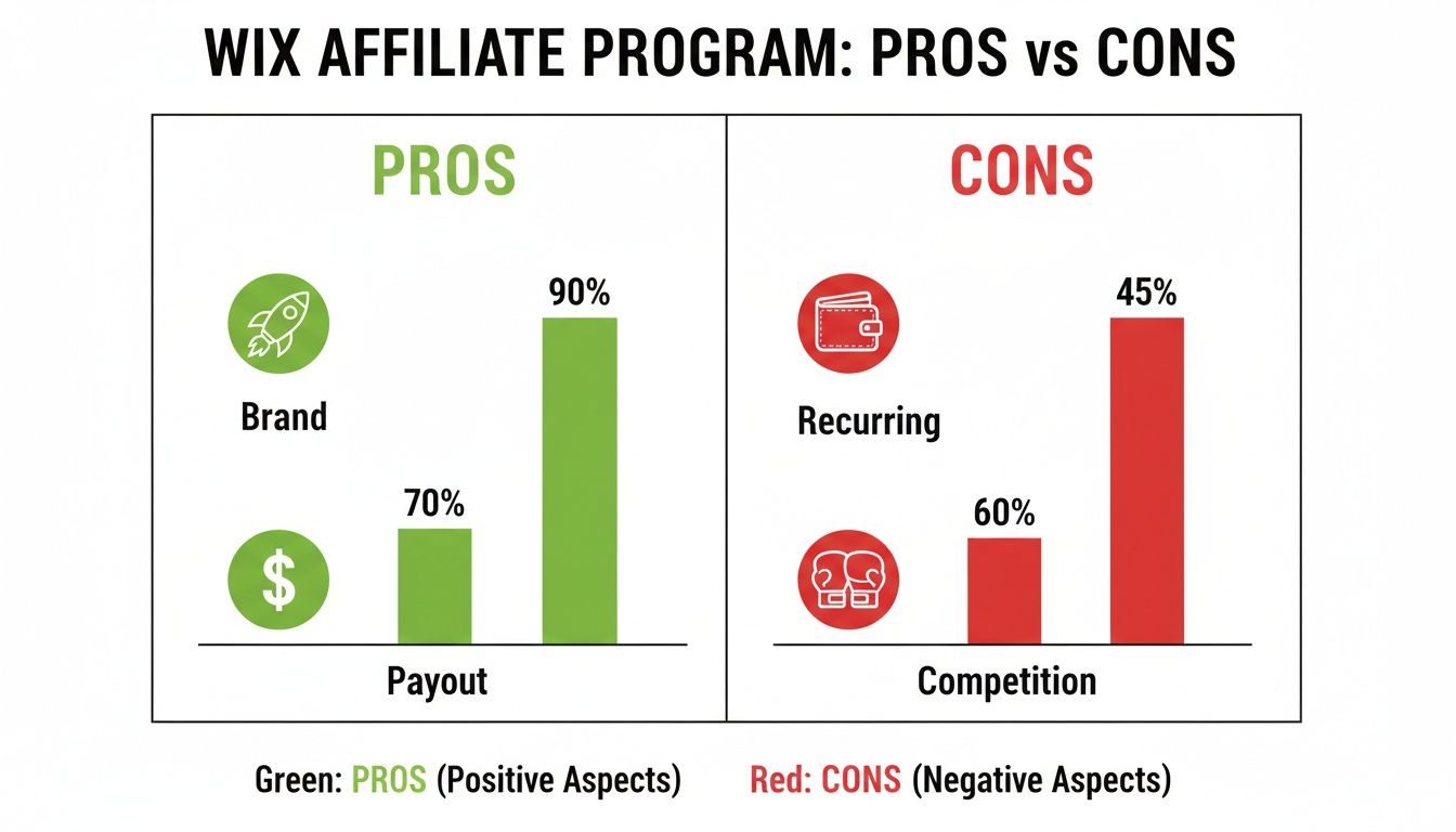 Bar charts comparing Wix affiliate program pros (Brand 90%, Payout 70%) and cons (Recurring 45%, Competition 60%).