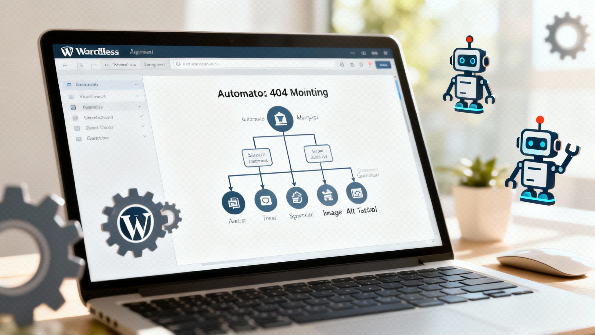 An abstract graphic showing gears and automation icons representing advanced SEO tools.